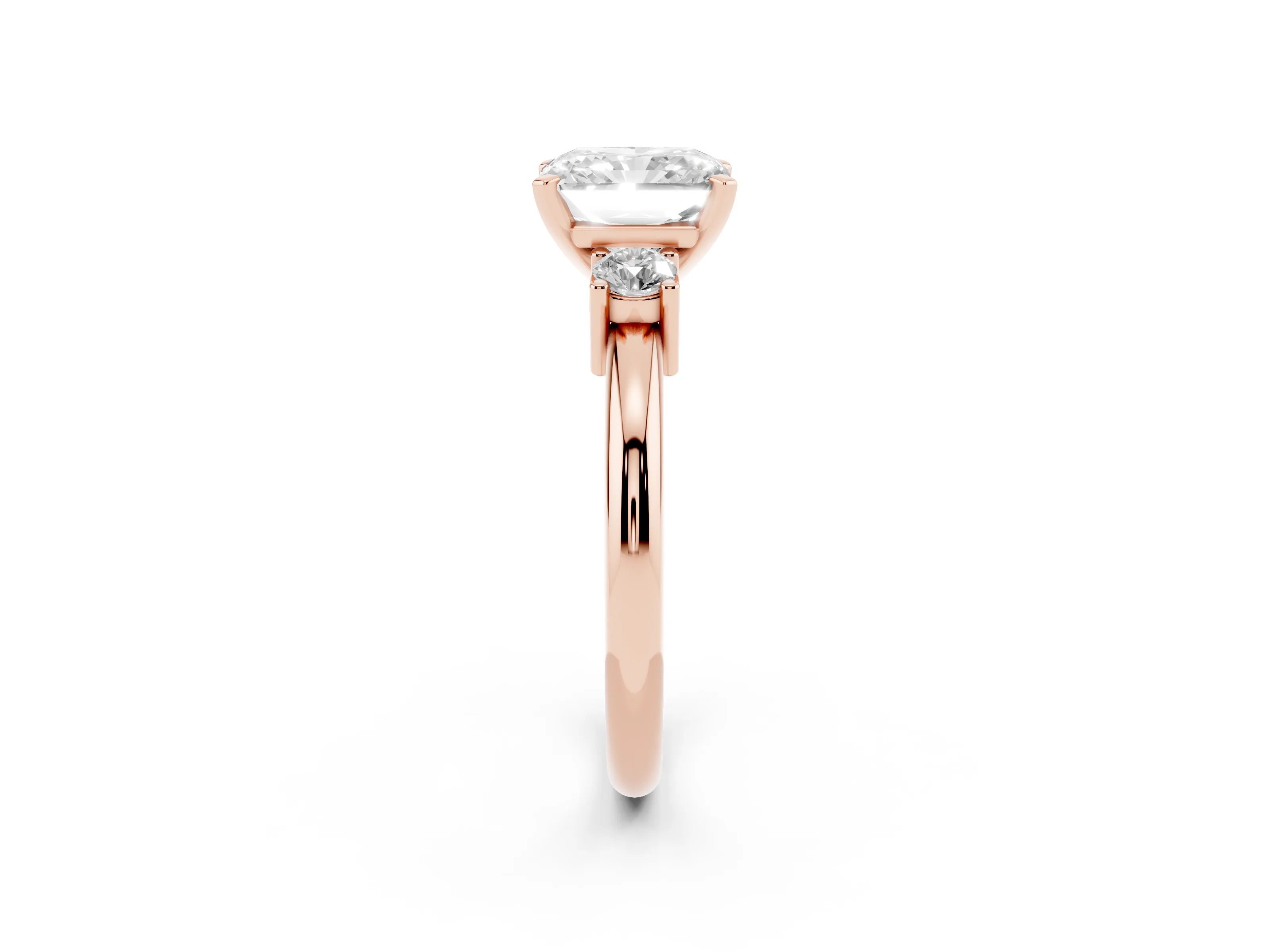 Three-Stone Radiant Cut Diamond Ring Set in Rose gold with Prong Setting and Plain Band