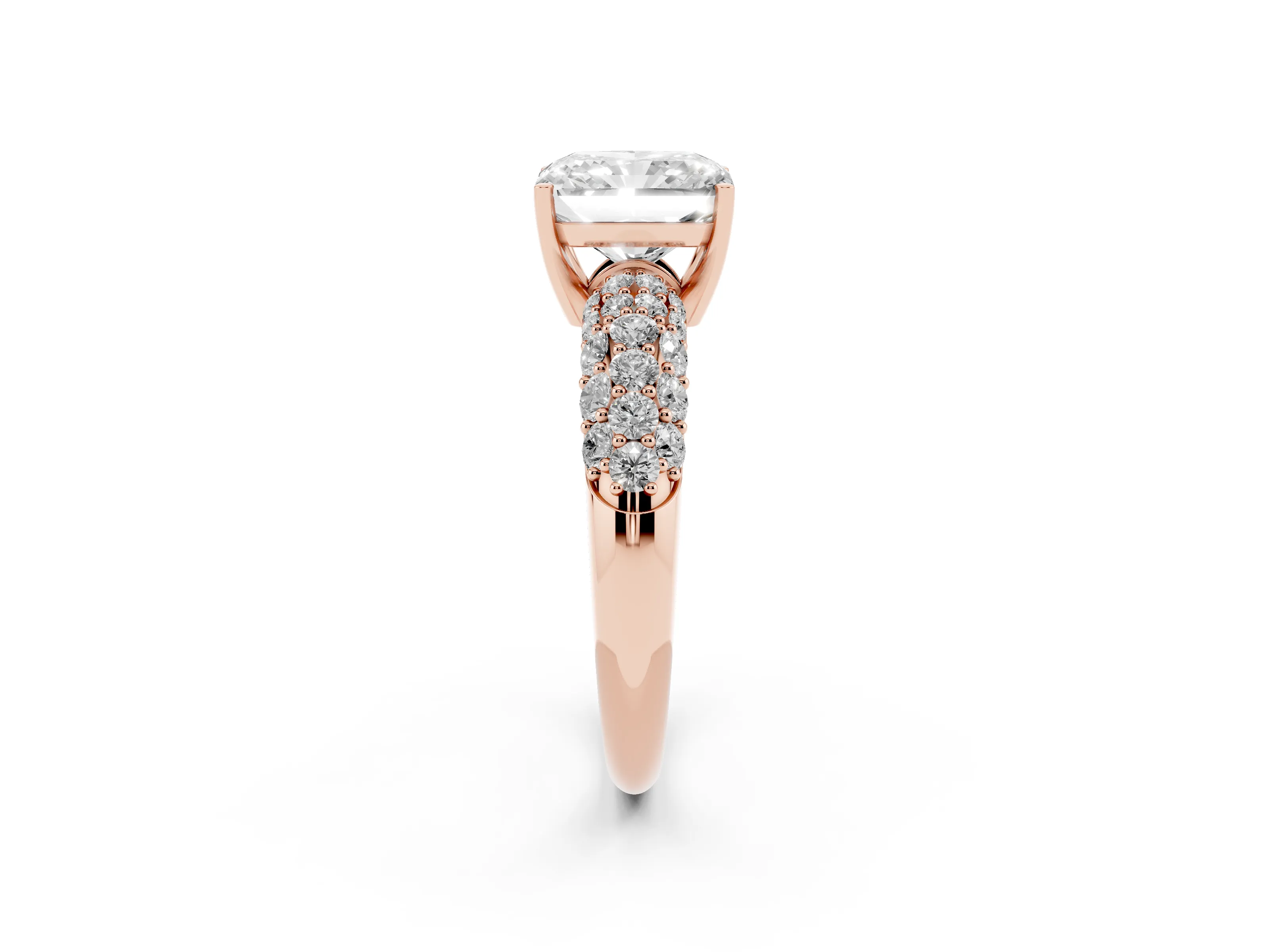 Radiant Cut Diamond Pavé Band Solitaire Ring Set in Rose gold with Close-Set Accent Stones and Prong Setting