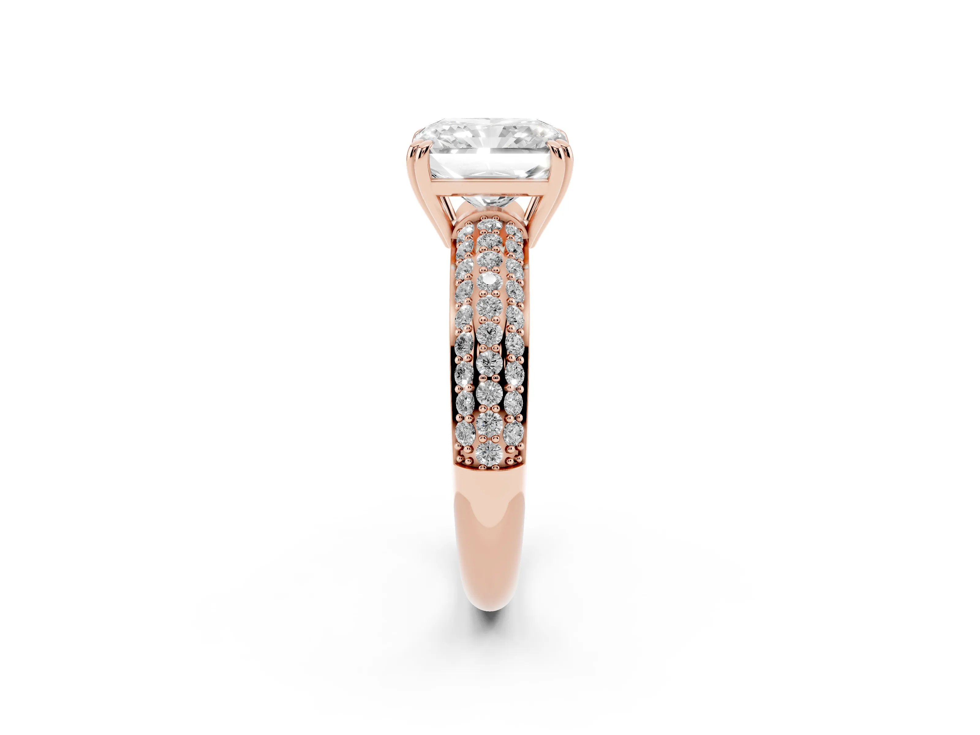Radiant Cut Diamond Solitaire Ring Set in Rose gold with Multi-Row Round Pavé Band and Prong Setting