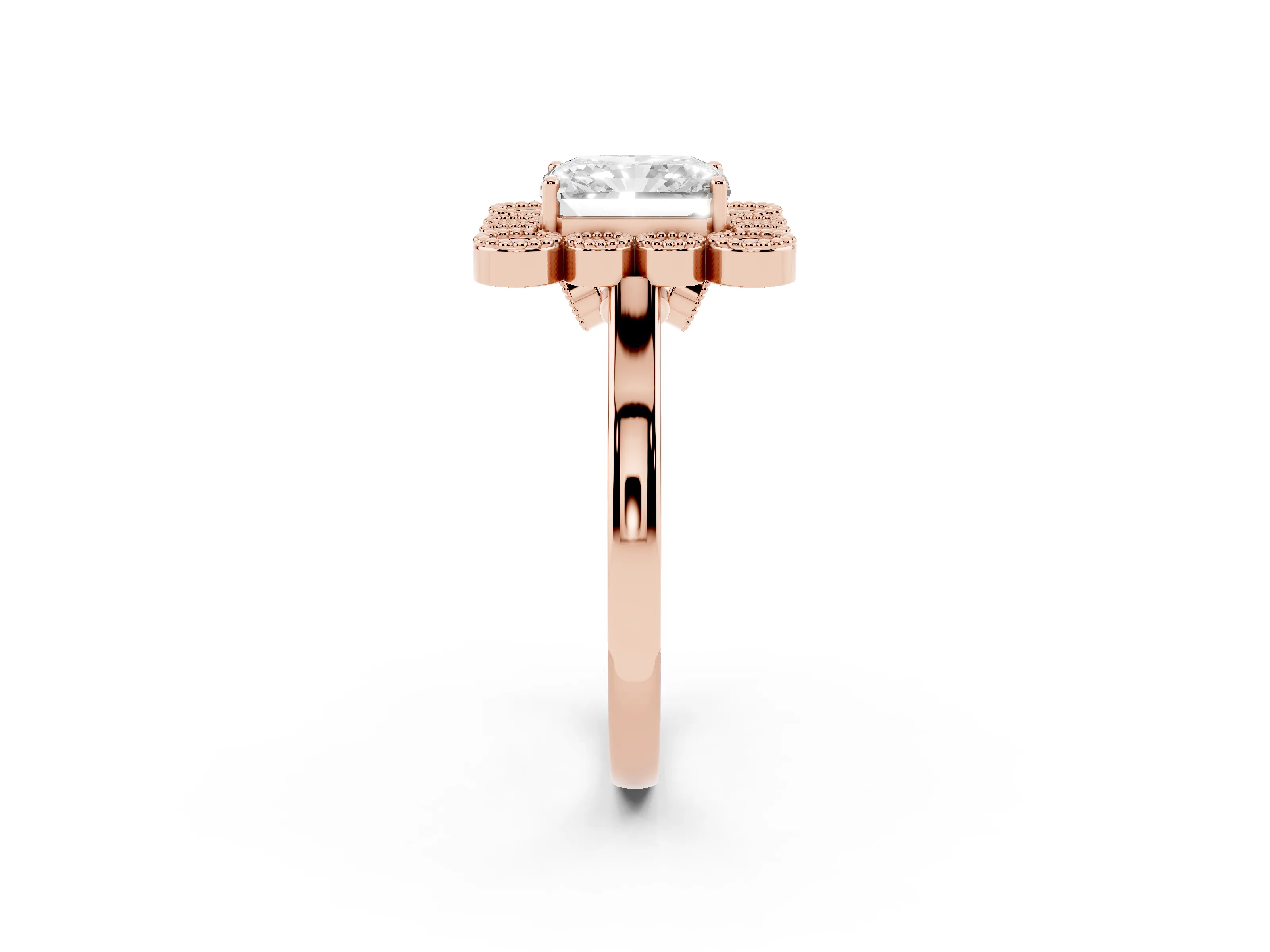 Radiant Cut Diamond Cluster Halo Ring Set in Rose gold with Milgrain Bezel Accents and Plain Band