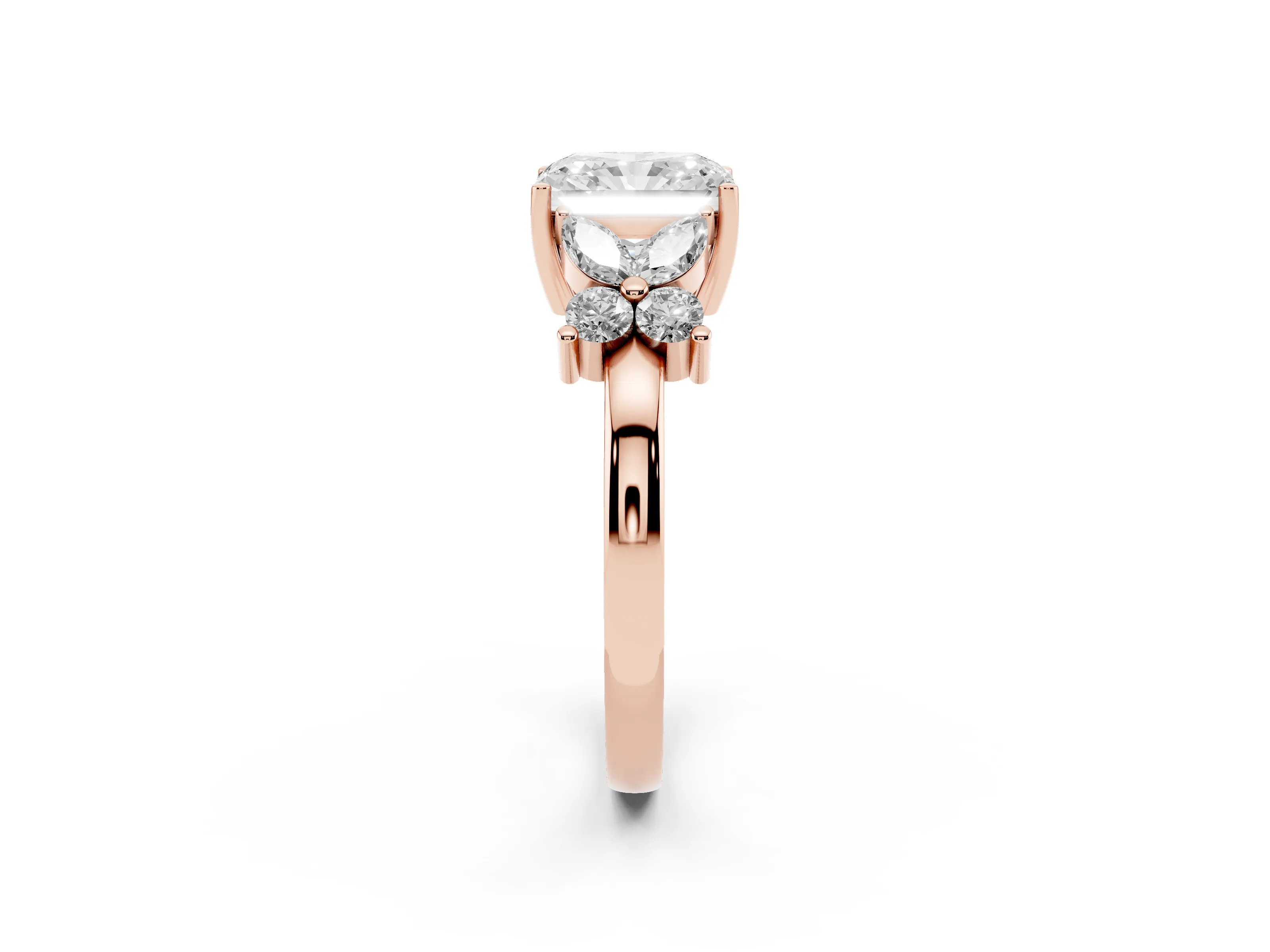 Radiant Cut Diamond Floral Cluster Ring Set in Rose gold with Marquise Petals and Prong Setting