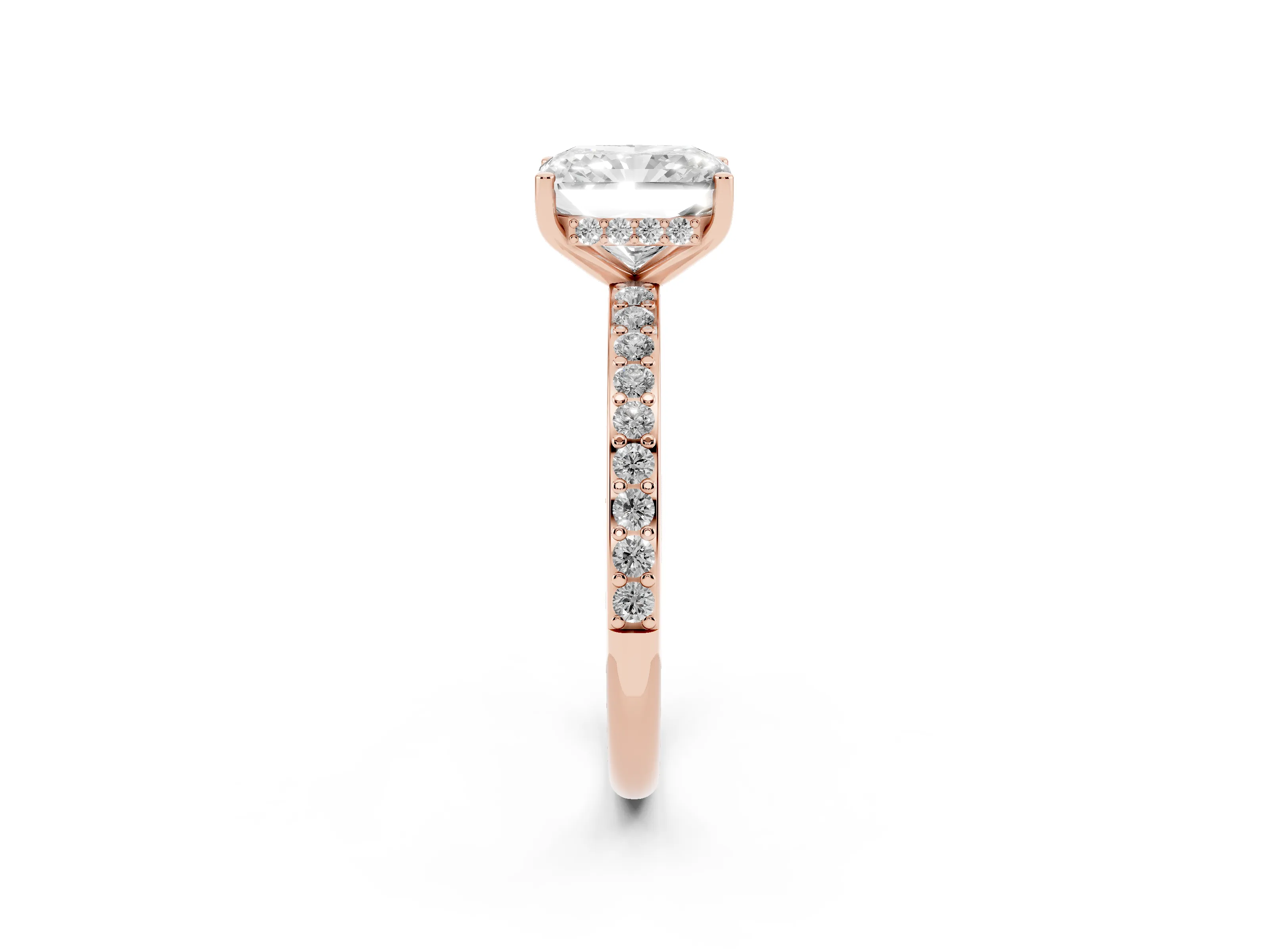 Radiant Cut Diamond Pavé Band Ring Set in Rose gold with Prong-Set Center Stone