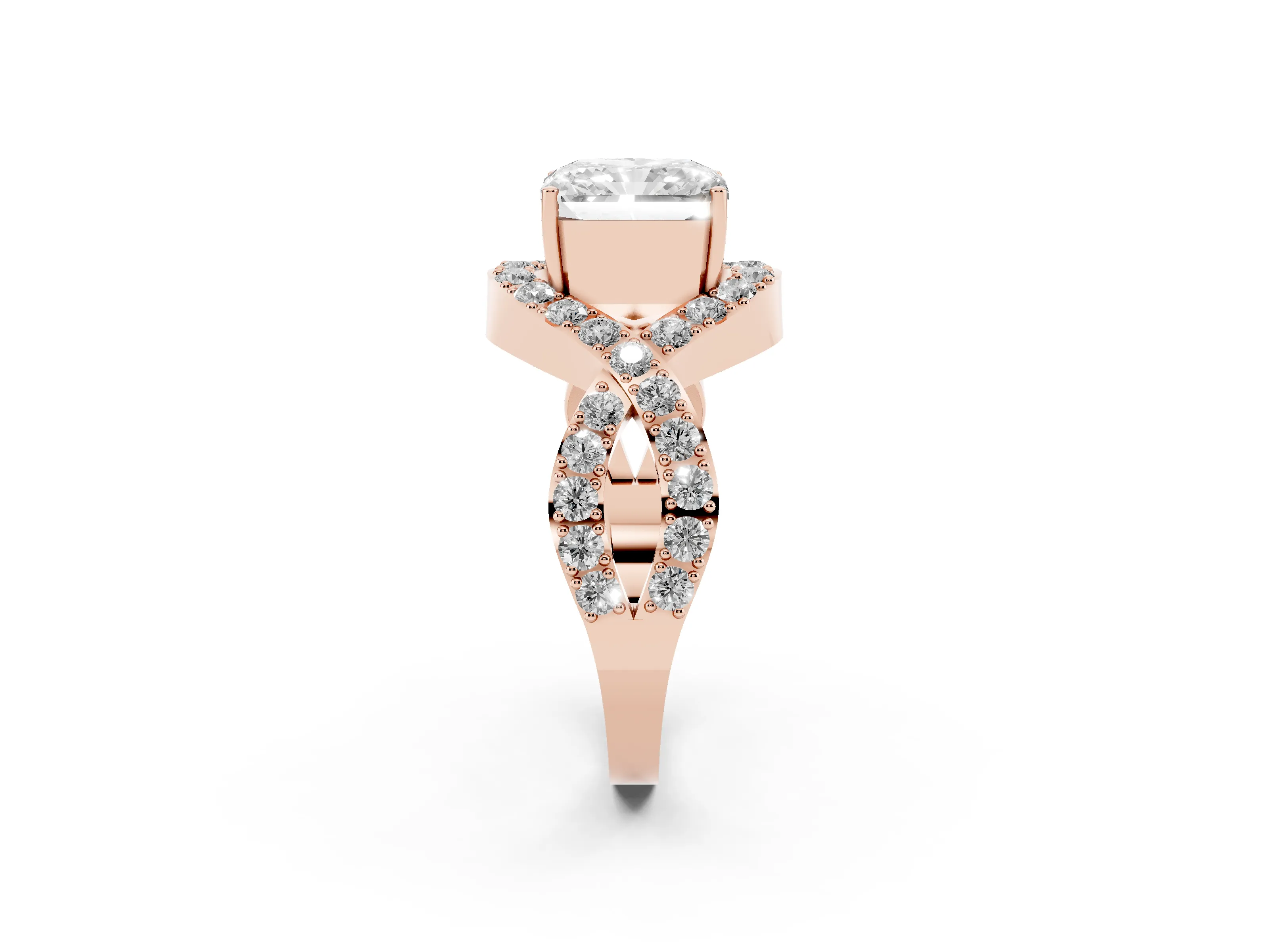 Radiant Cut Diamond Solitaire Twist Band Pavé Engagement Ring Set in Rose gold