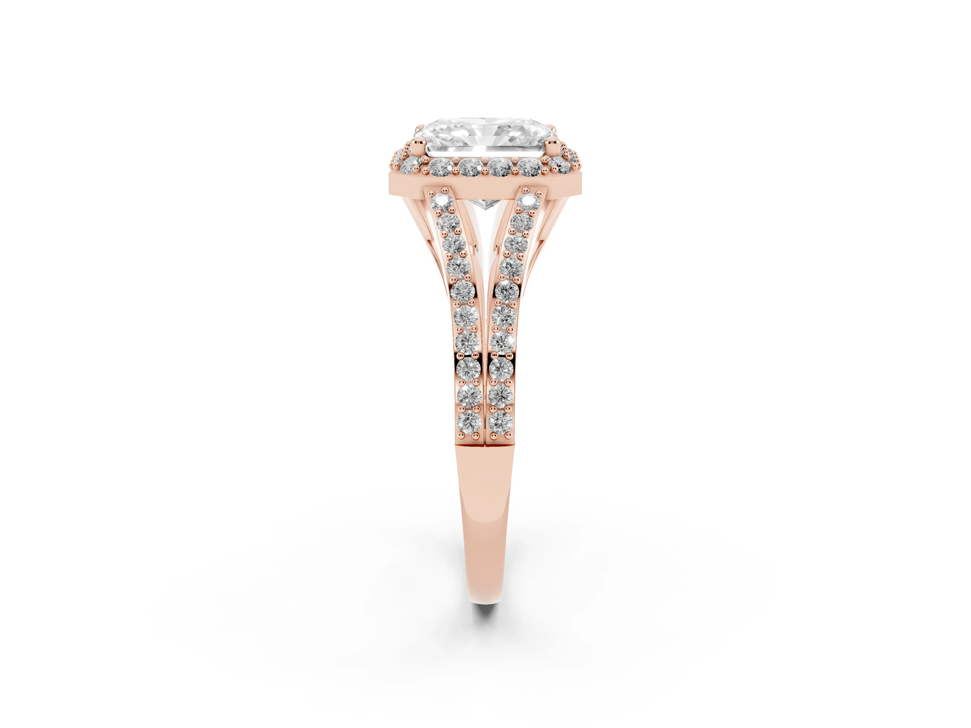 Radiant Cut Diamond Halo Split Shank Pavé Ring Set in Rose gold with Prong Setting