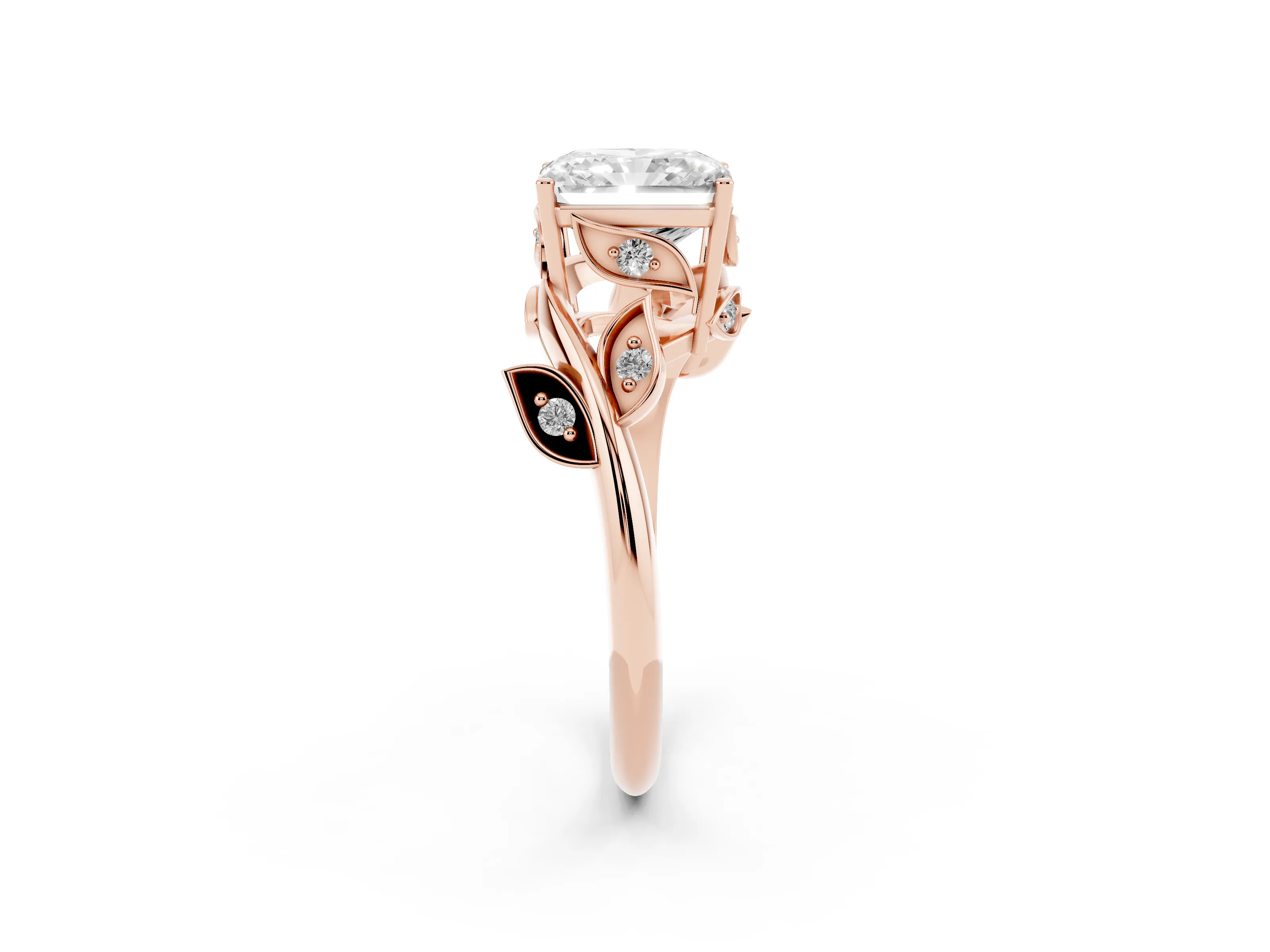 Radiant Cut Diamond Solitaire Twist Engagement Ring Set in Rose gold with Pavé Leaf Accents