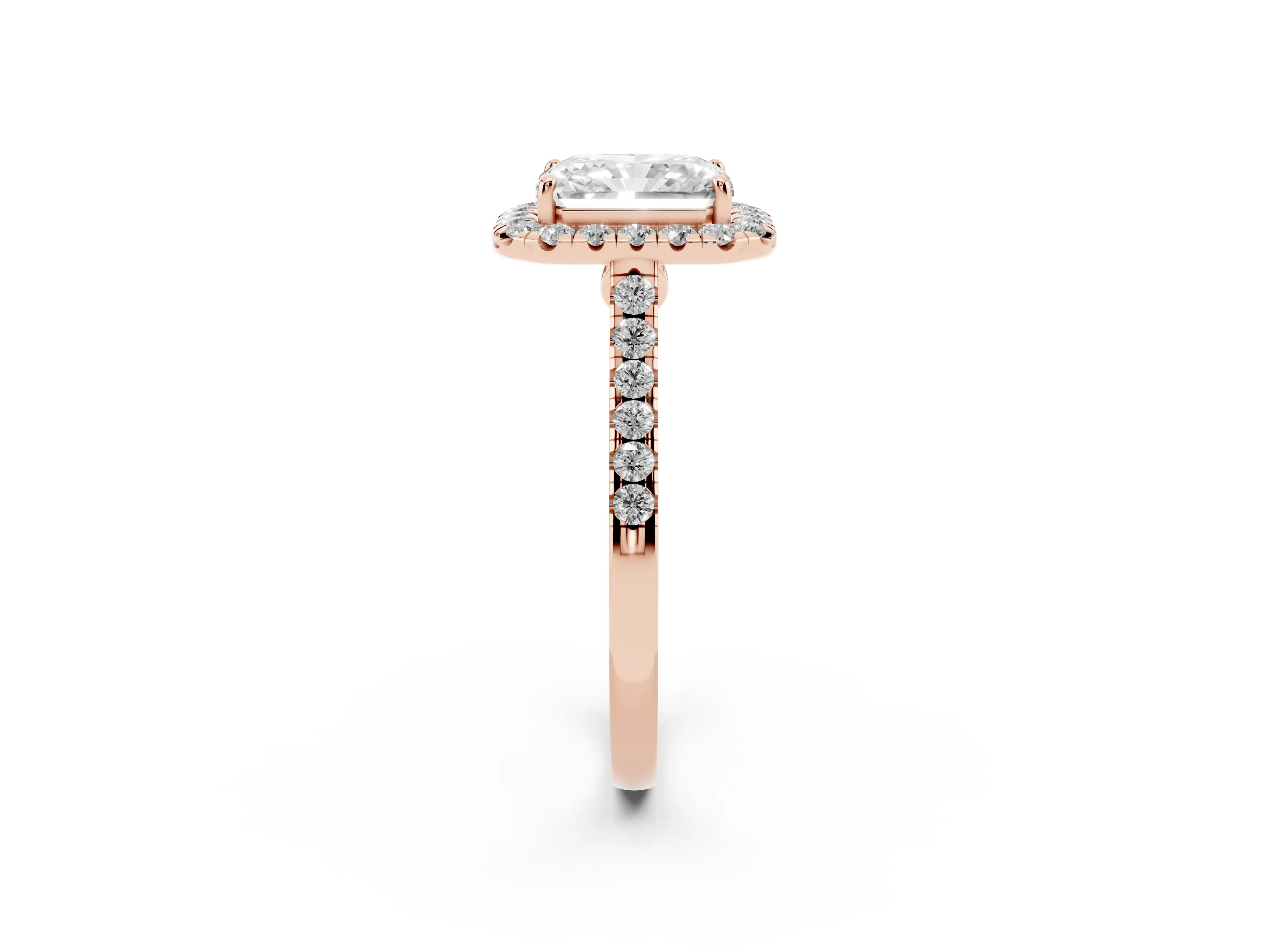 Radiant Cut Diamond Halo Pavé Engagement Ring Set in Rose gold with Prong Setting
