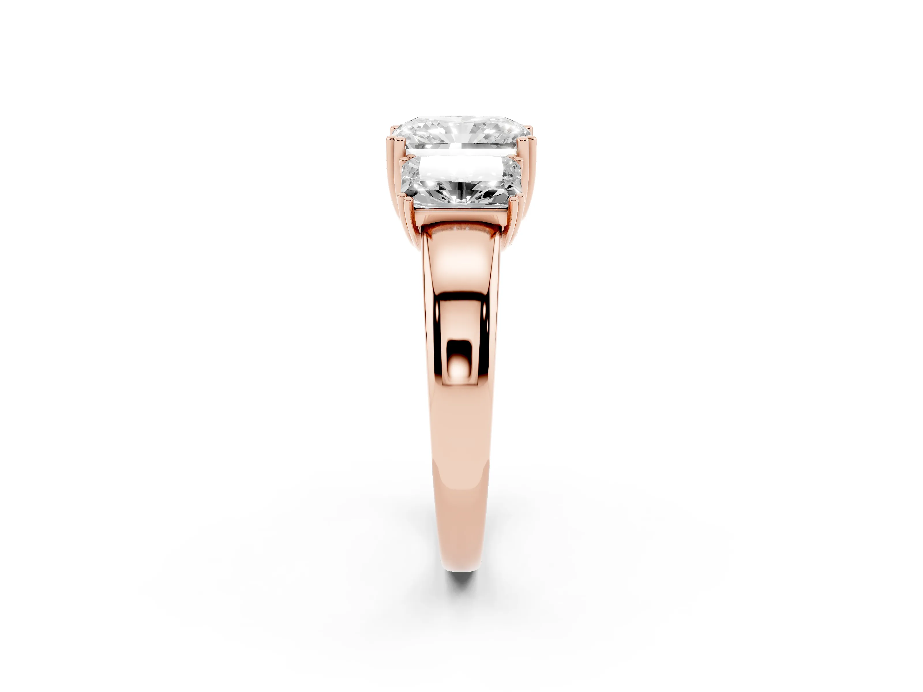 Radiant Cut Diamond Three-Stone Ring Set in Rose gold with Polished Channel-Set Band