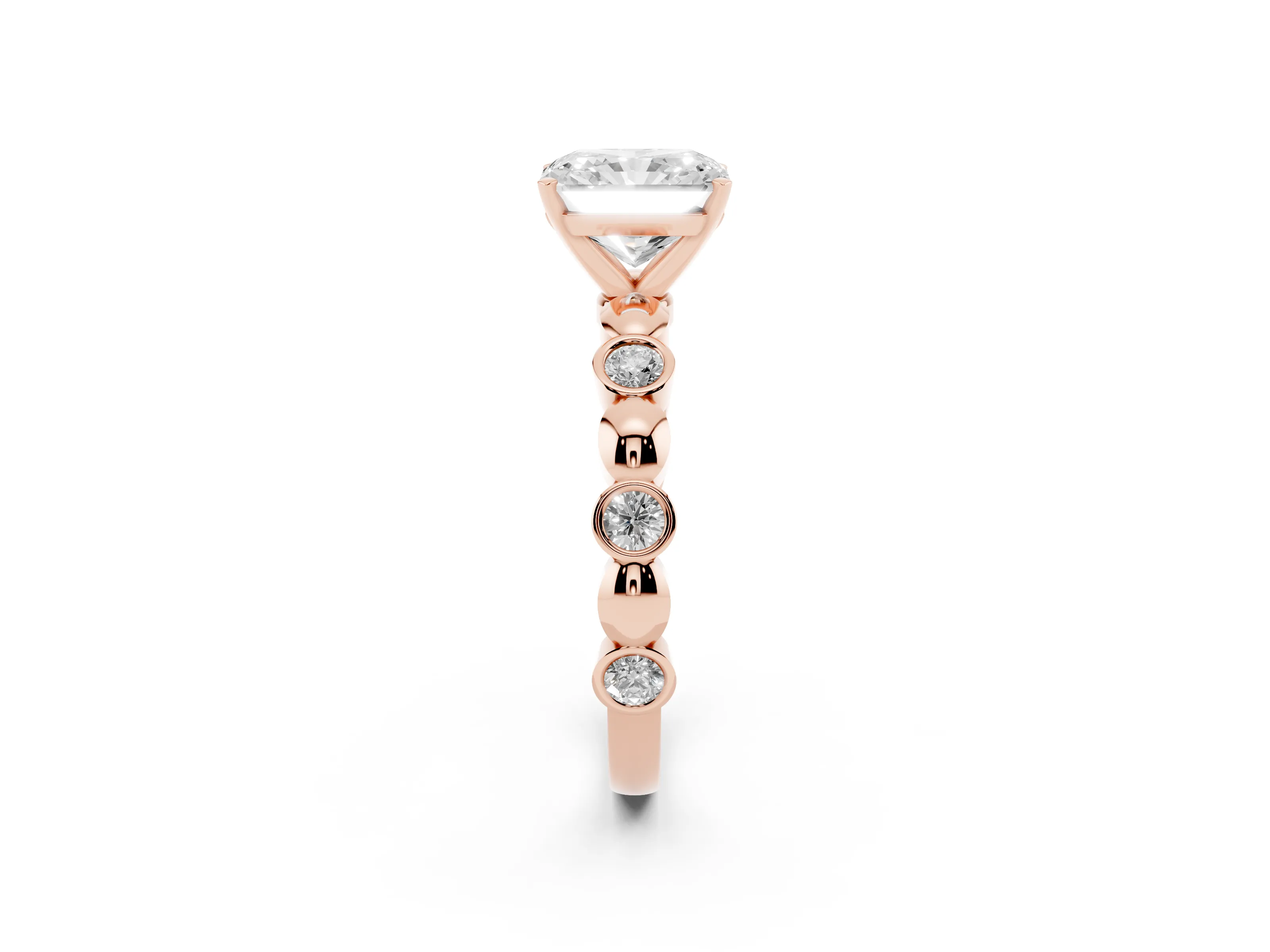 Radiant Cut Diamond Solitaire Ring Set in Rose gold with Bezel-Set Accents on Beaded Band and Prong Setting