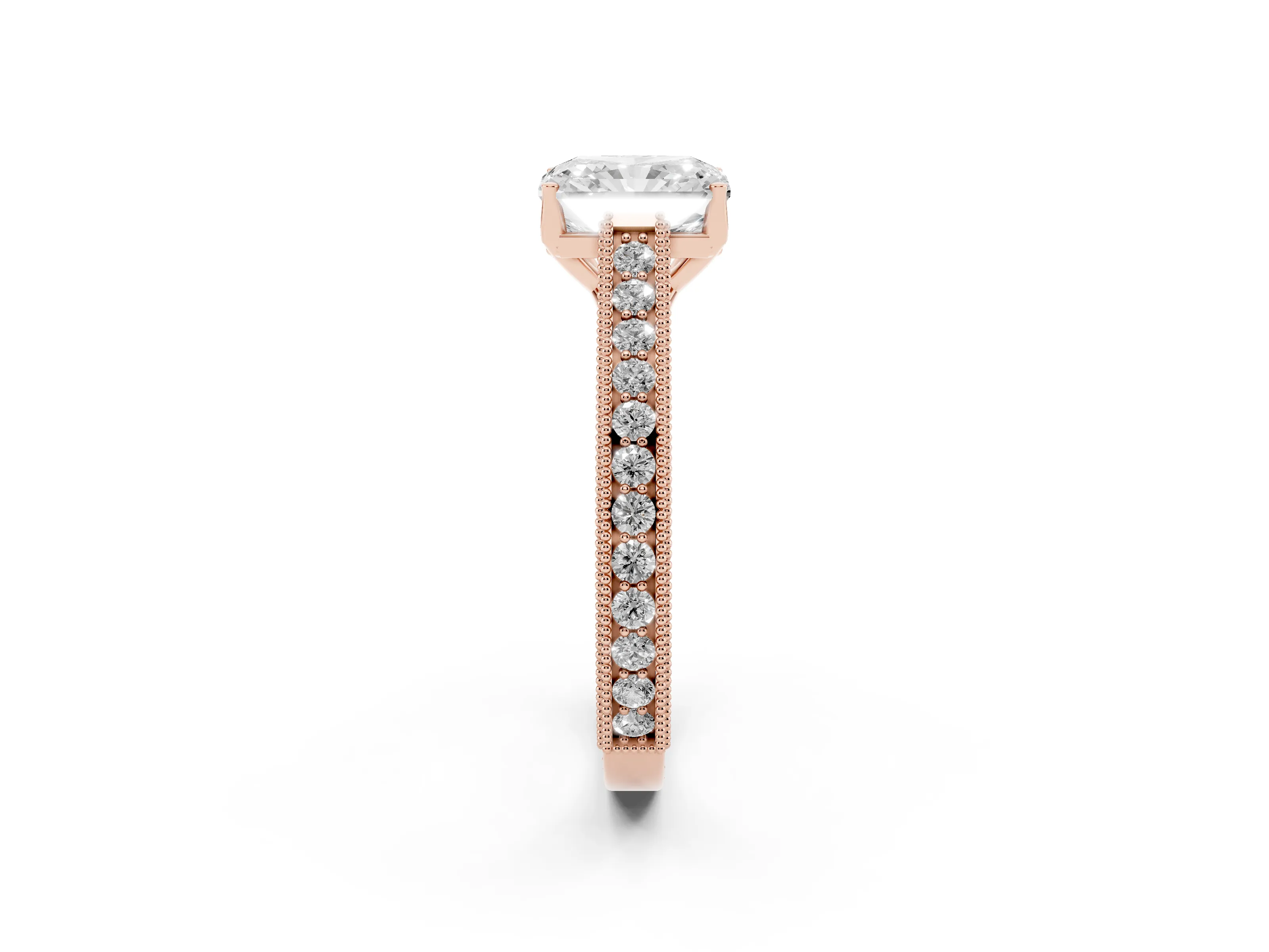 Radiant Cut Diamond Milgrain Pavé Band Solitaire Ring Set in Rose gold with Prong Setting