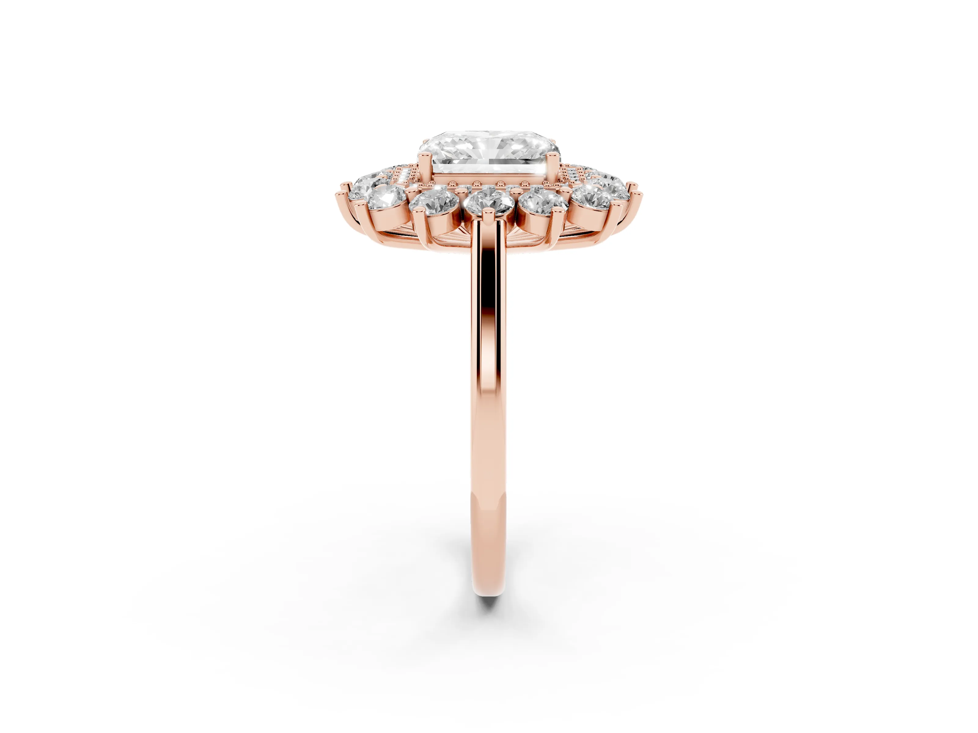 Radiant Cut Diamond Floral Double Halo Ring Set in Rose gold with Round Petals