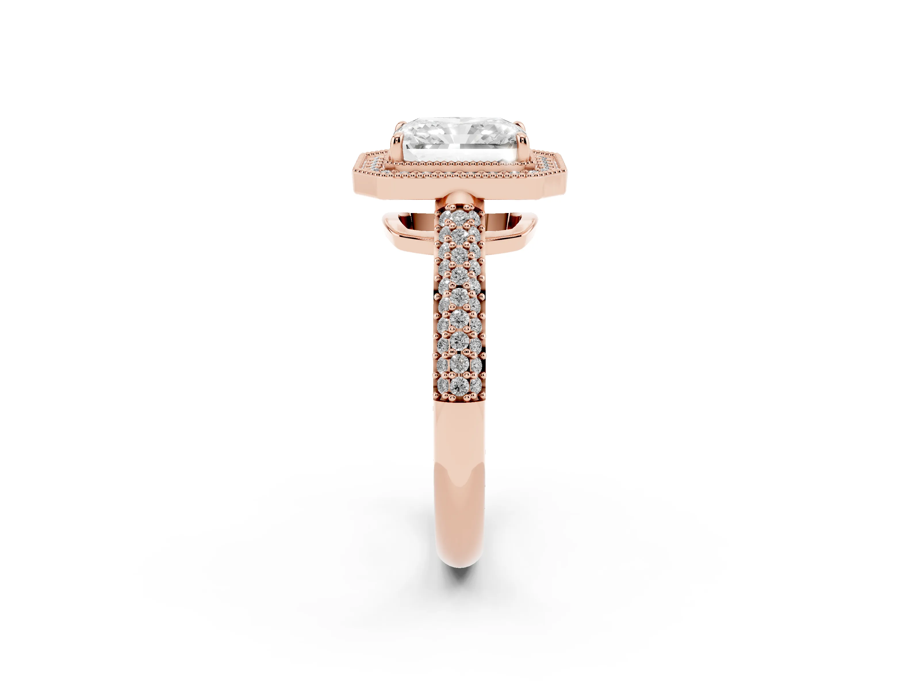 Radiant Cut Diamond Halo Pavé Band Set in Rose gold with Prong Setting