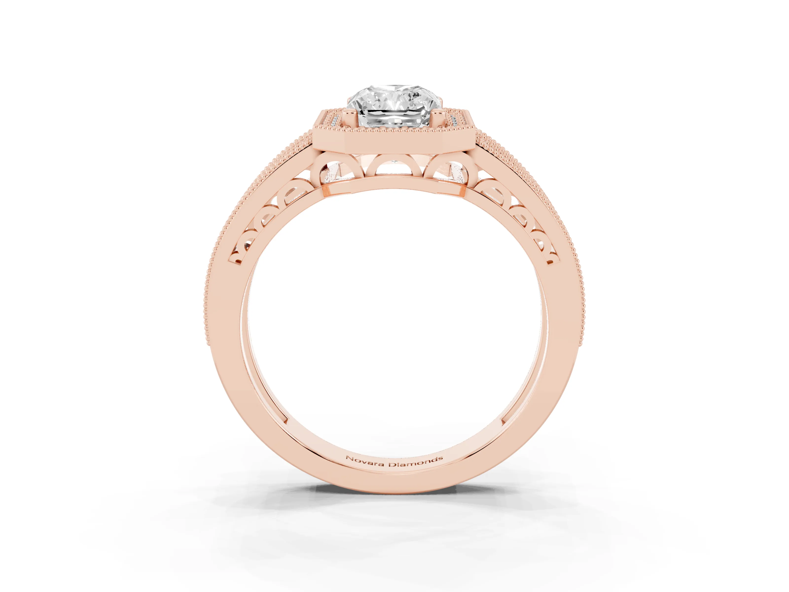 Radiant Cut Diamond Halo Ring Set in Rose gold with Accent Split Shank and Prong Setting