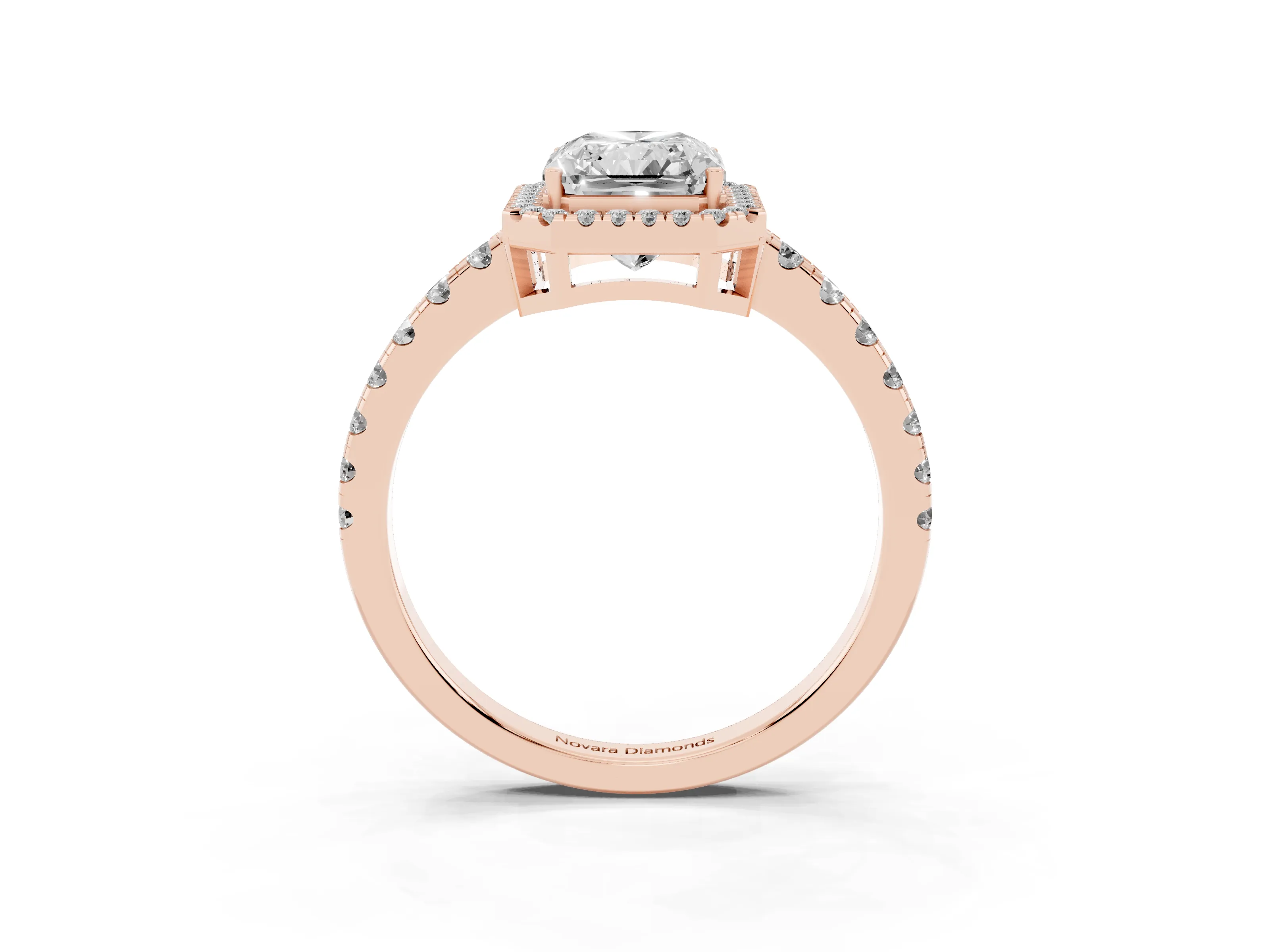 Radiant Cut Diamond Halo Ring Set in Rose gold with Delicate Pavé Band and Prong Setting