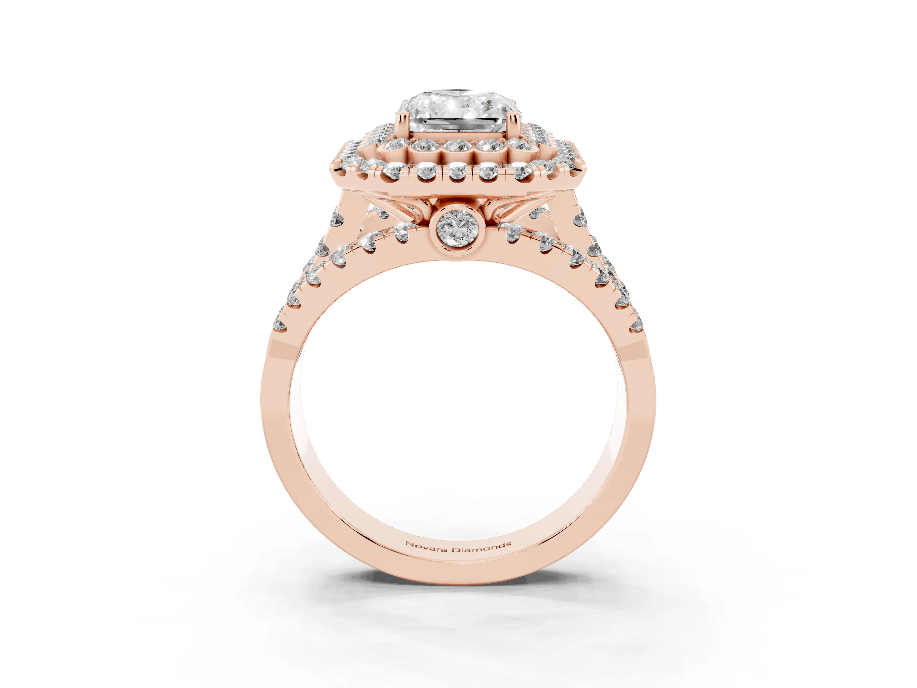 Radiant Cut Diamond Double Halo Ring Set in Rose gold with Round Pavé Split Shank