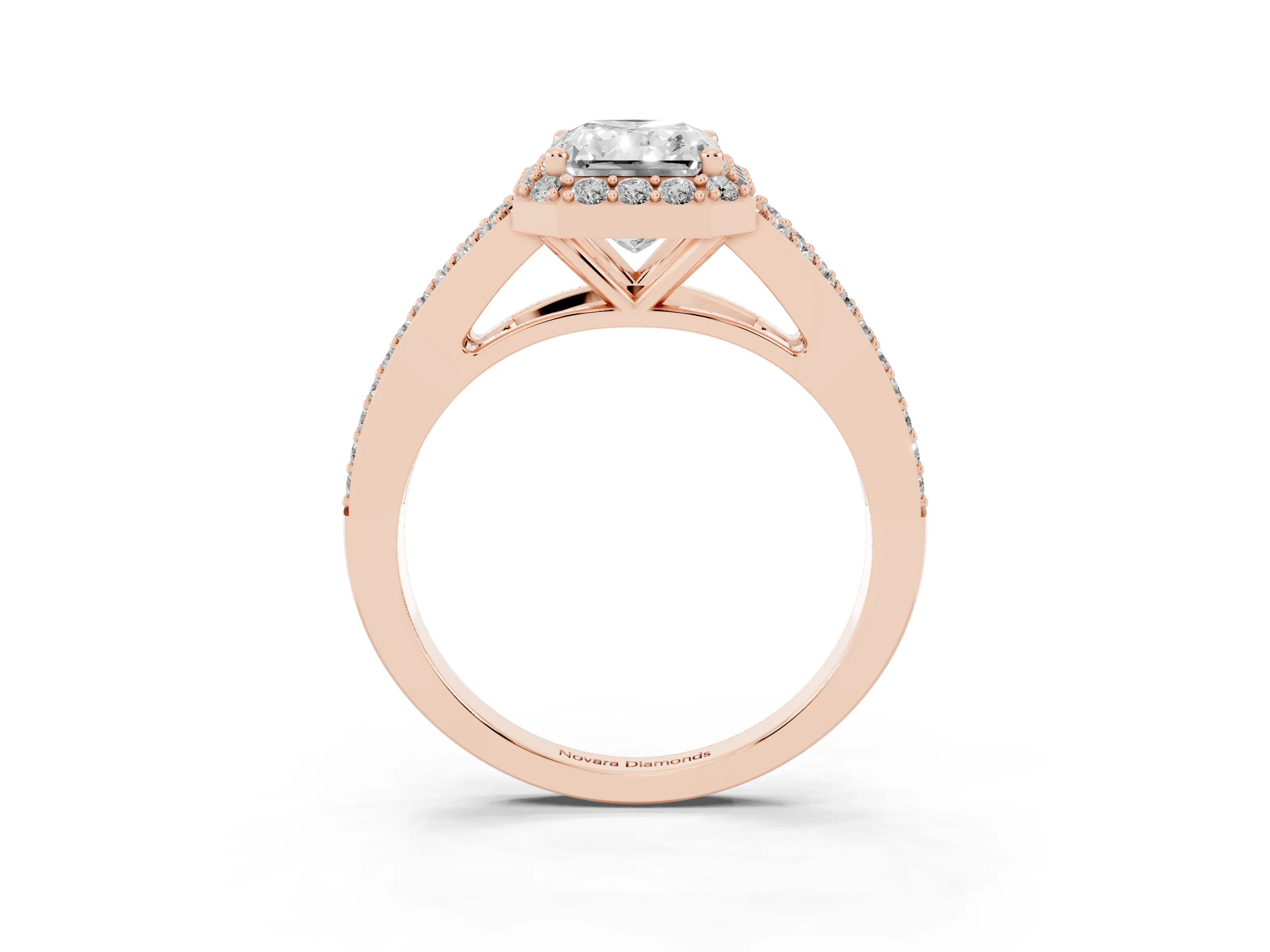 Radiant Cut Diamond Halo Split Shank Pavé Ring Set in Rose gold with Prong Setting