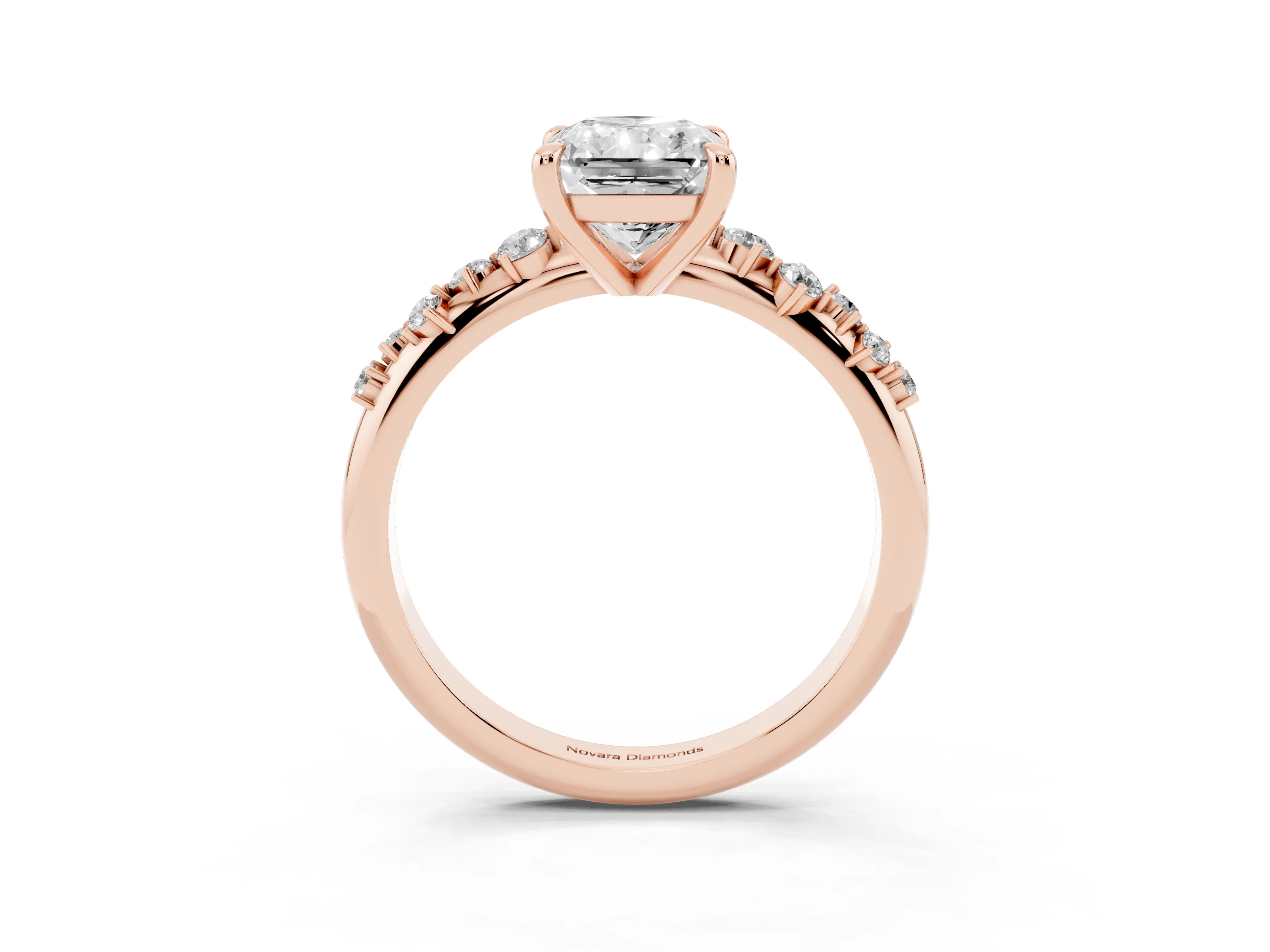 Radiant Cut Diamond Solitaire Vine Band Ring Set in Rose gold with Round Accents and Prong Setting