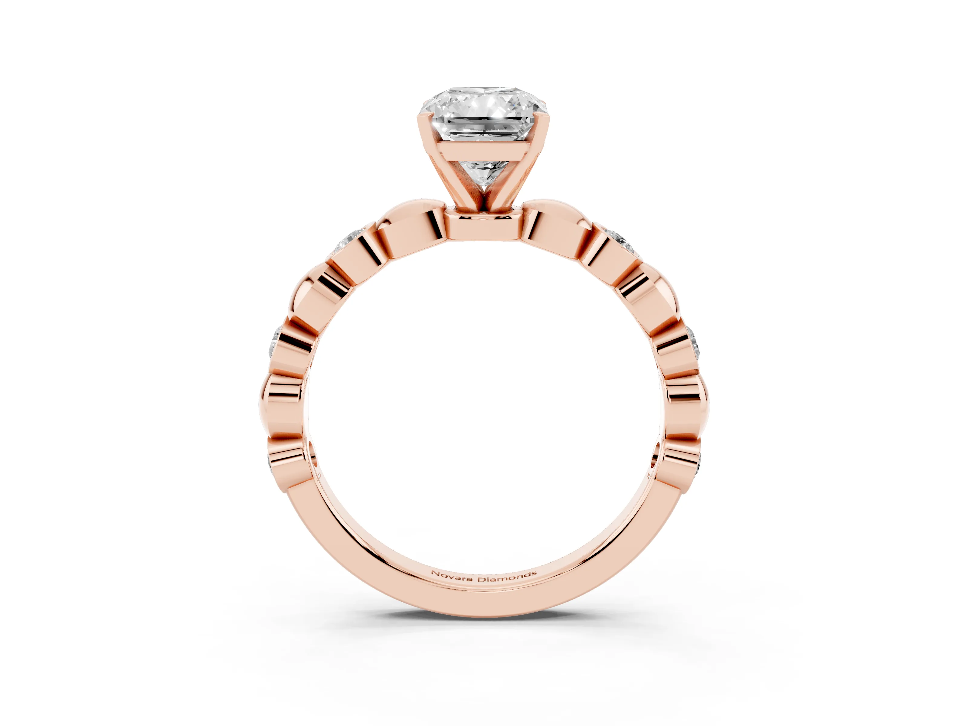 Radiant Cut Diamond Solitaire Ring Set in Rose gold with Bezel-Set Accents on Beaded Band and Prong Setting