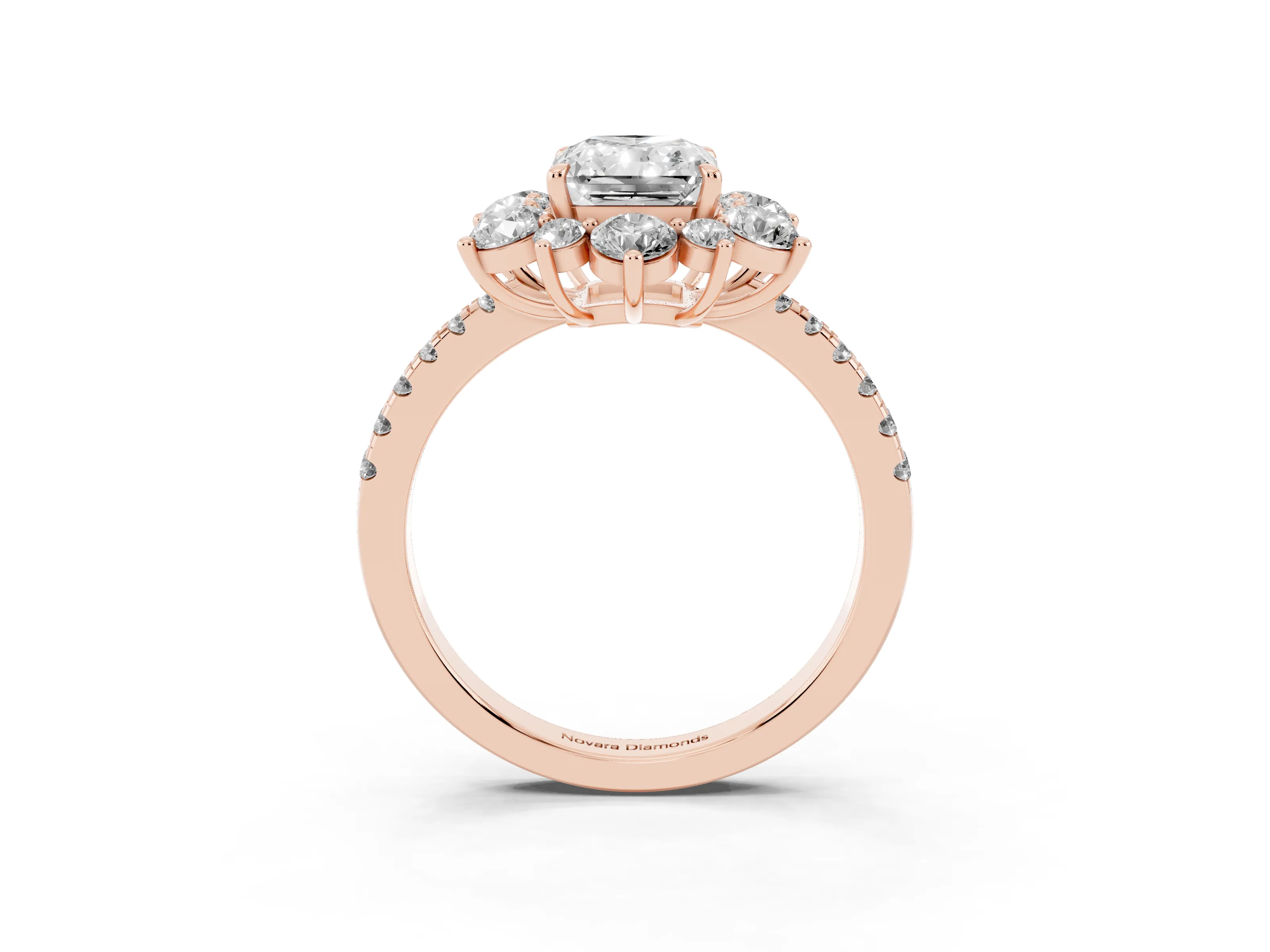 Radiant Cut Diamond Floral Halo Ring Set in Rose gold with Round Pavé Band and Prong Setting