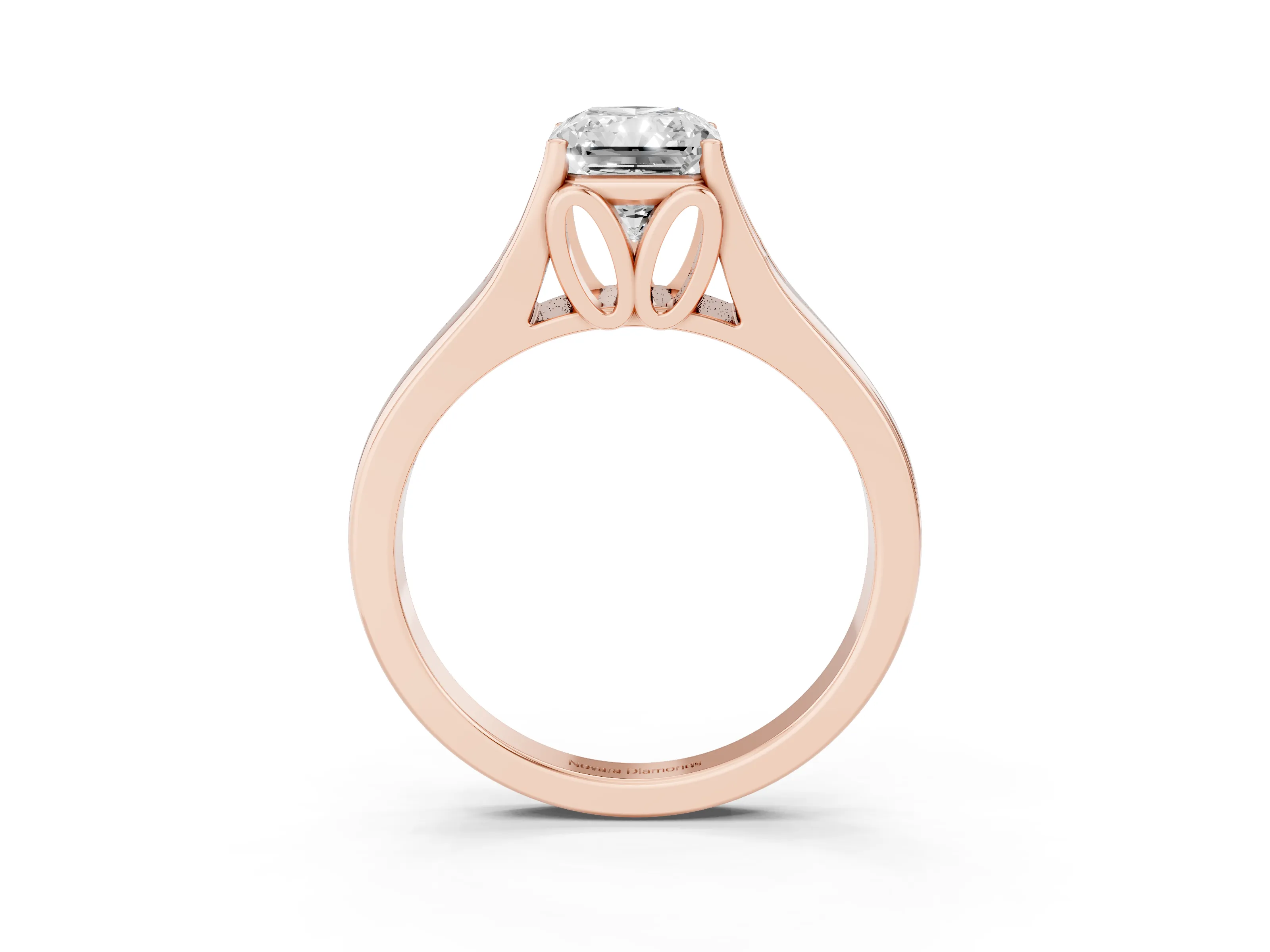 Radiant Cut Diamond Solitaire Ring Set in Rose gold with Arched Cathedral Band and Prong Setting