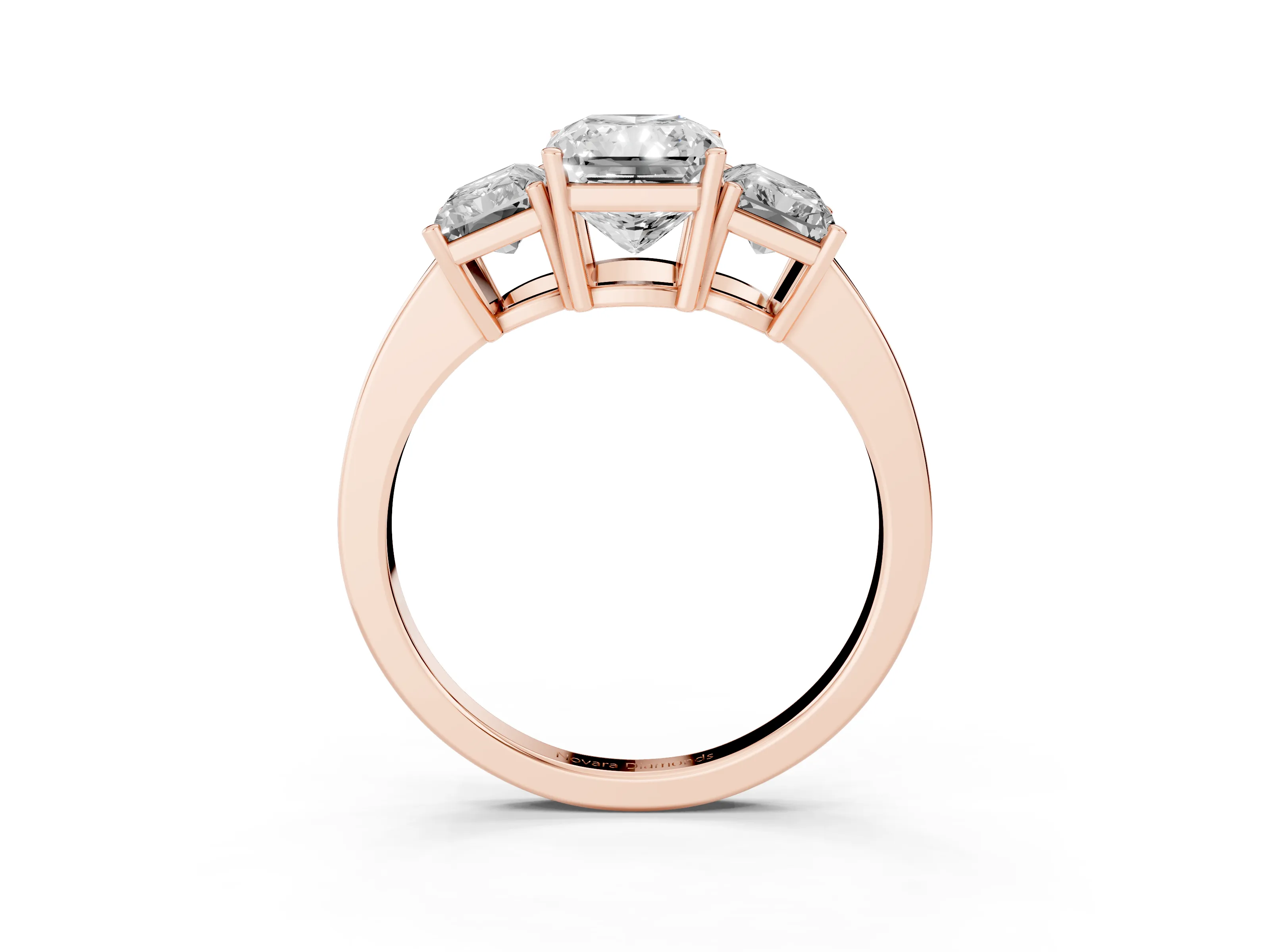 Radiant Cut Diamond Three-Stone Engagement Ring Set in Rose gold with Flat Band
