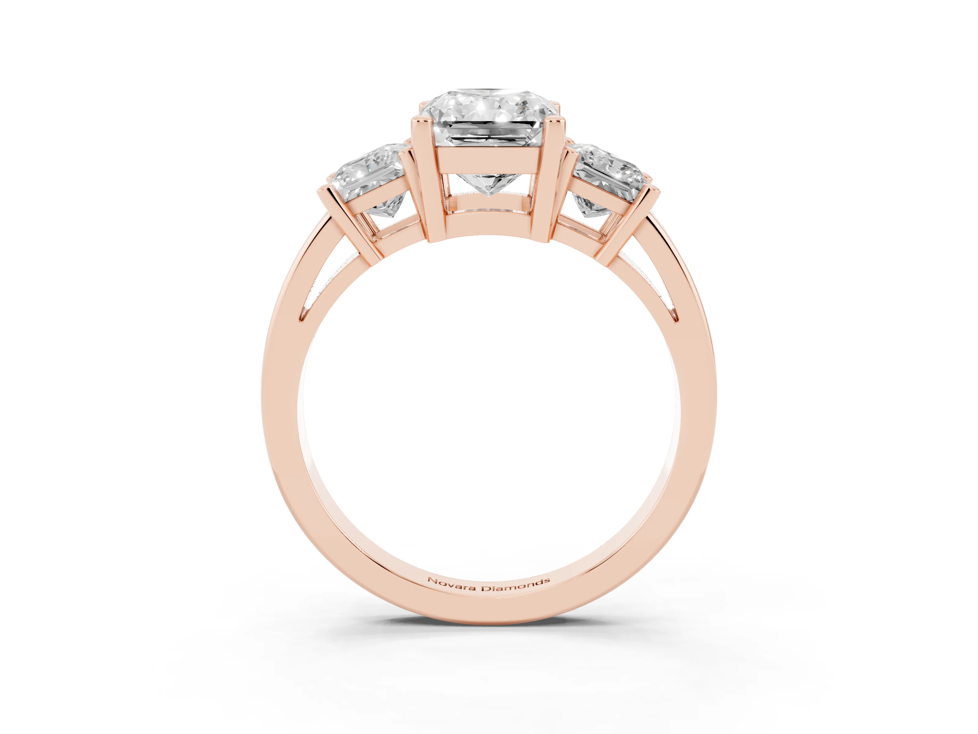Three-Stone Radiant Cut Diamond Solitaire Ring Set in Rose gold with Prong Setting