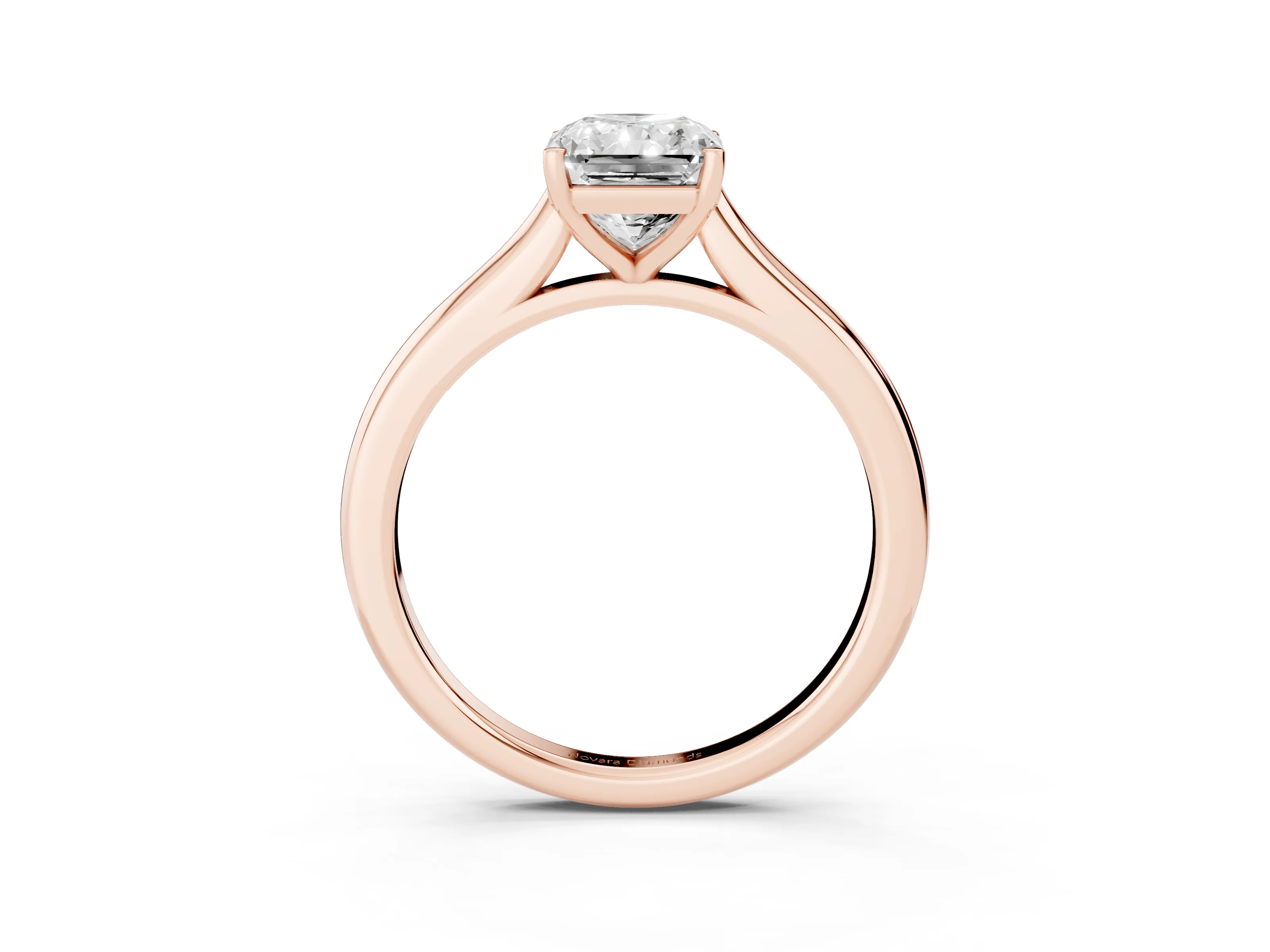 Radiant Cut Diamond Solitaire Ring Set in Rose gold with Cathedral Band and Prong Setting