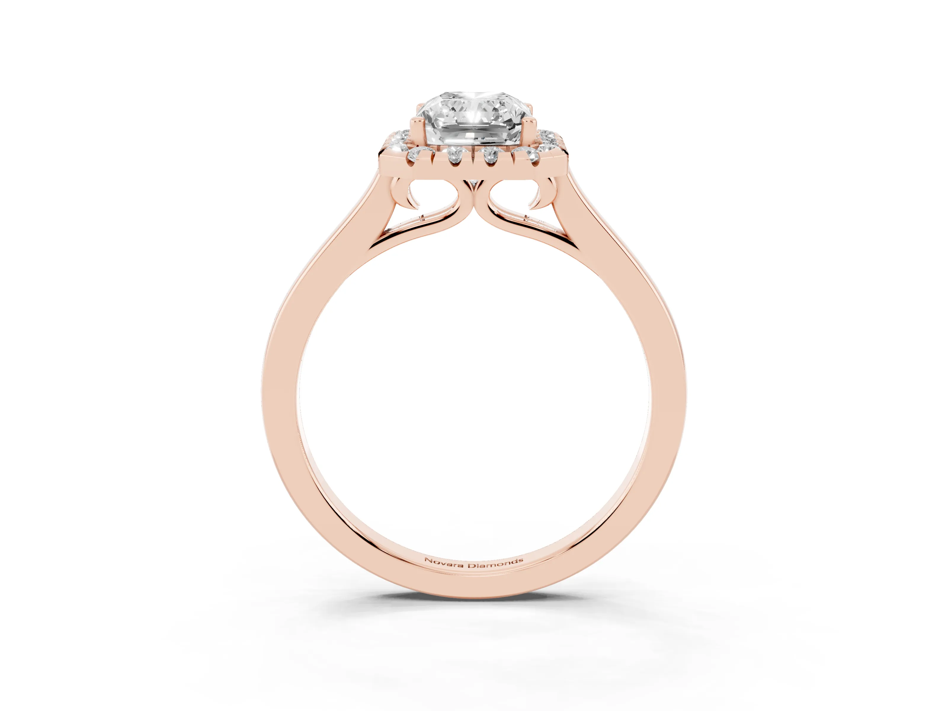 Radiant Cut Halo Round Diamond Solitaire Ring Set in Rose gold with Pavé Band and Prong Setting