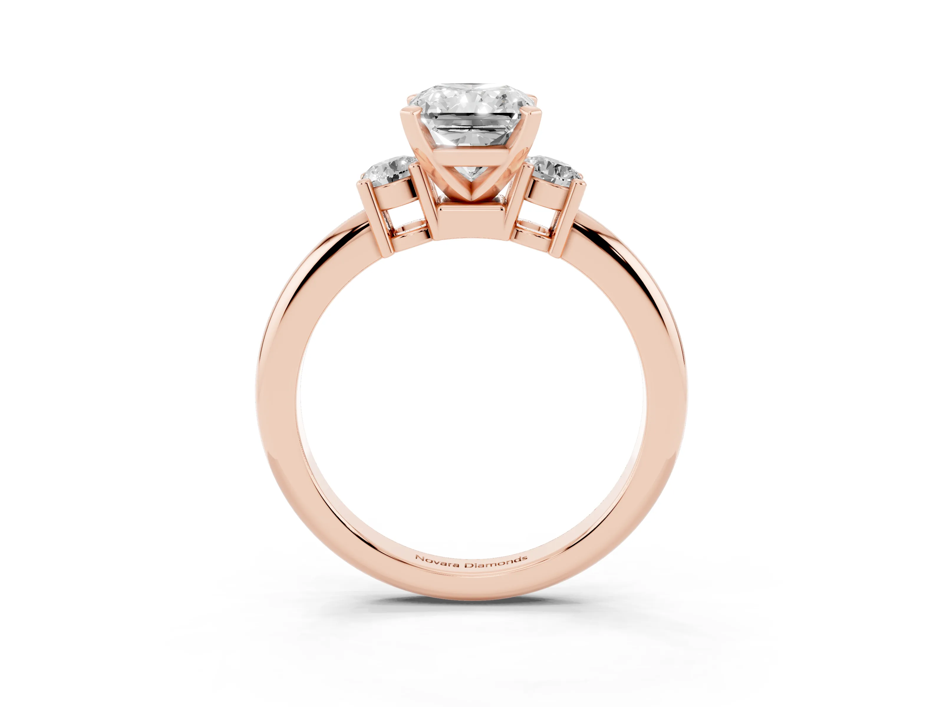 Three-Stone Radiant Cut Diamond Ring Set in Rose gold with Prong Setting and Plain Band