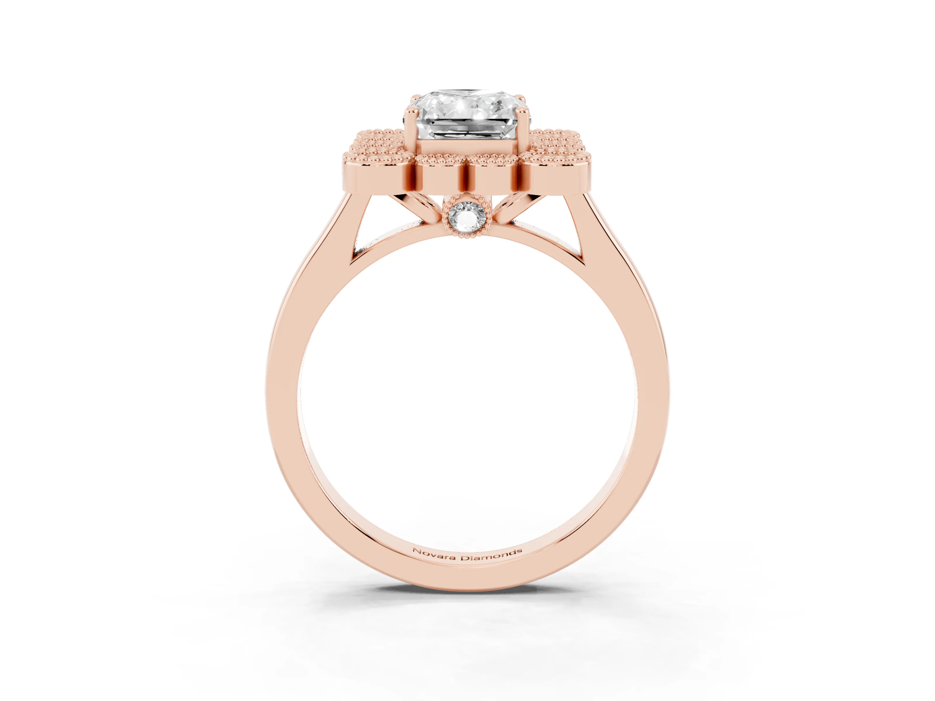 Radiant Cut Diamond Cluster Halo Ring Set in Rose gold with Milgrain Bezel Accents and Plain Band