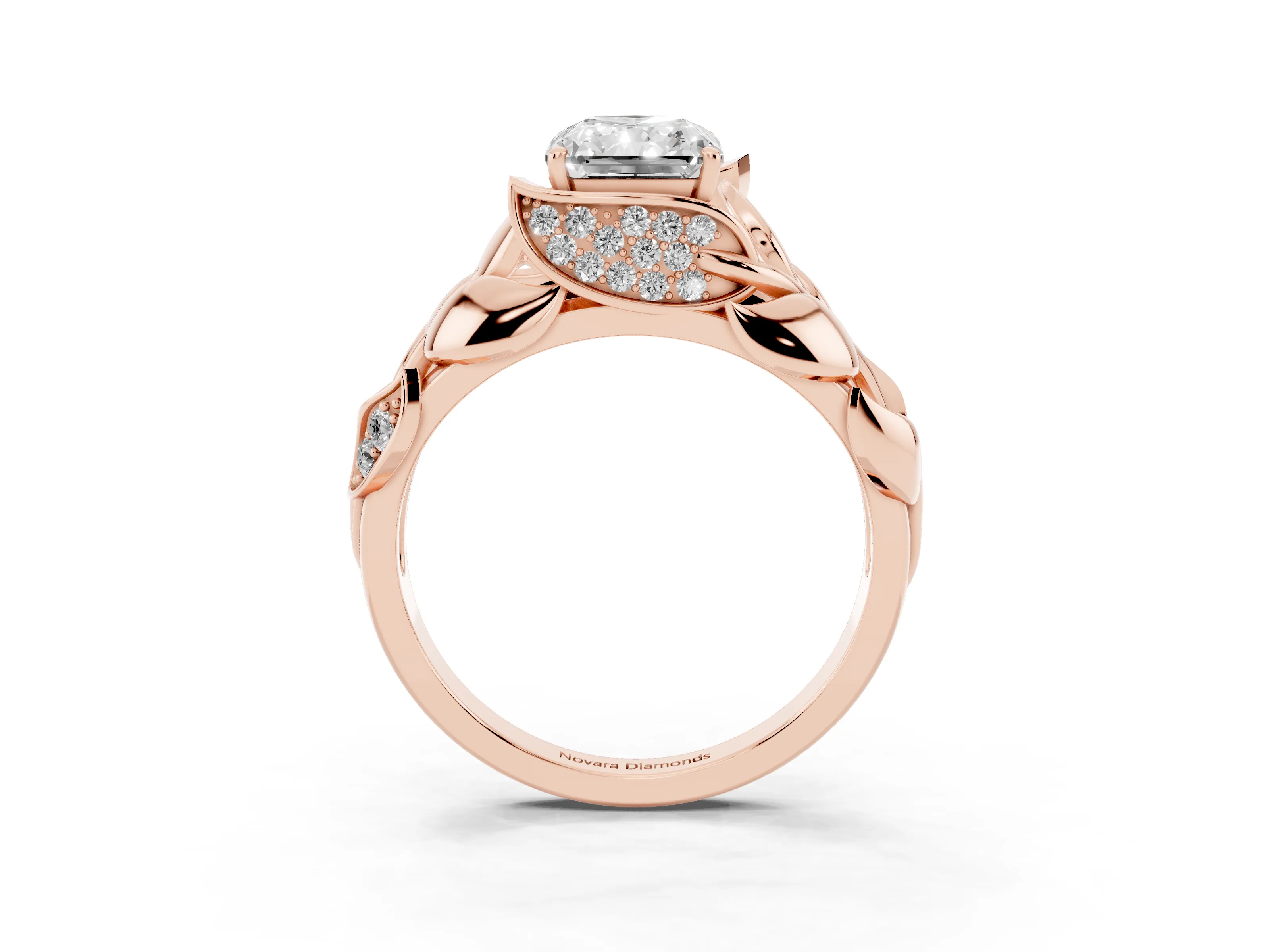 Radiant Cut Diamond Leaf-Inspired Engagement Ring Set in Rose gold with Round Accents