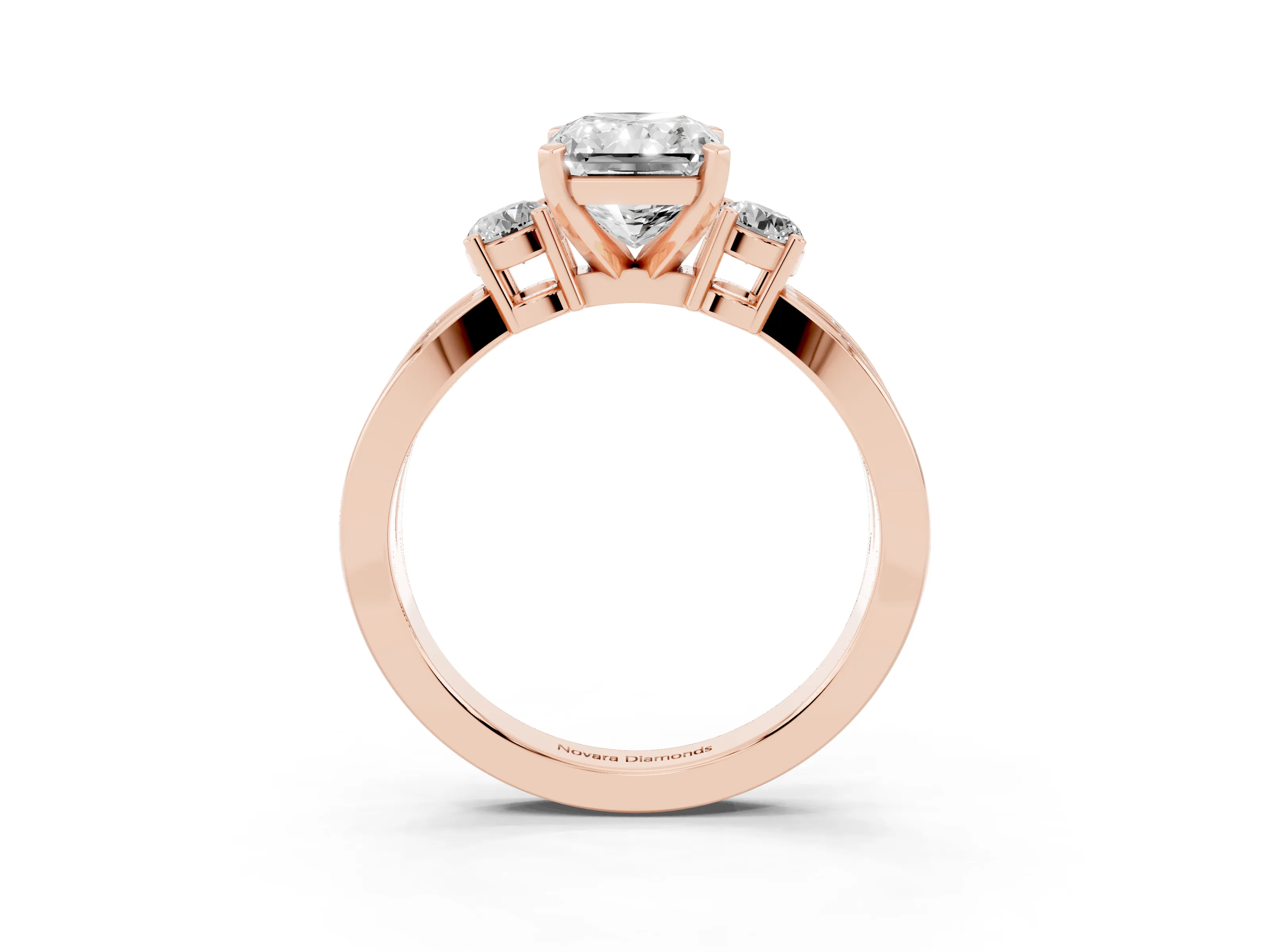 Three-Stone Radiant Cut Diamond Twist Band Ring Set in Rose gold with Pavé Accents and Prong Setting