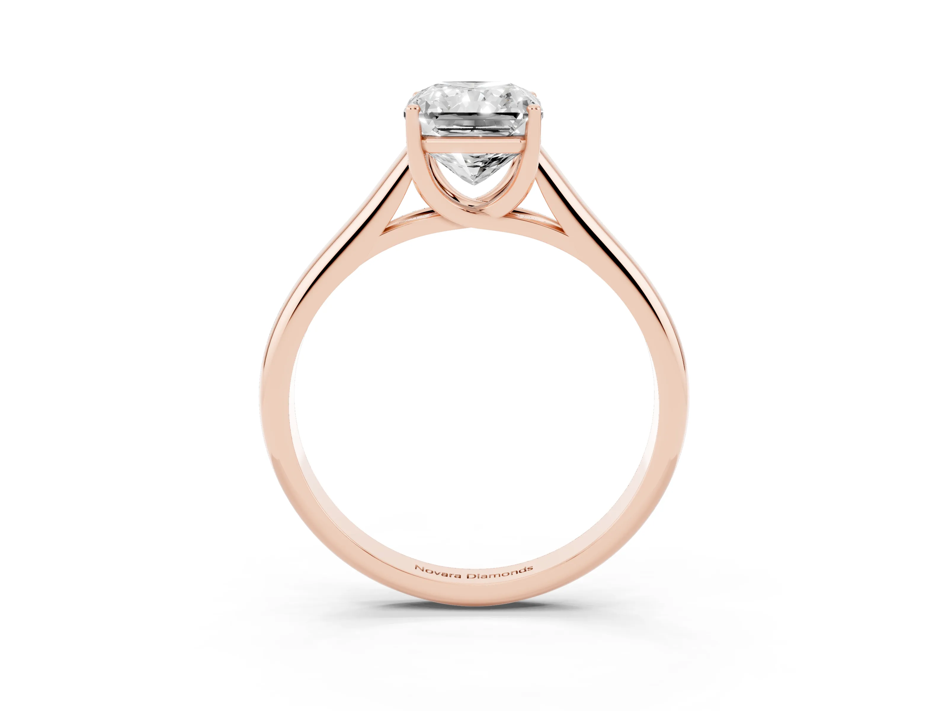 Radiant Cut Diamond Solitaire Engagement Ring Set in Rose gold with Subtly Tapered Band and Prong Setting