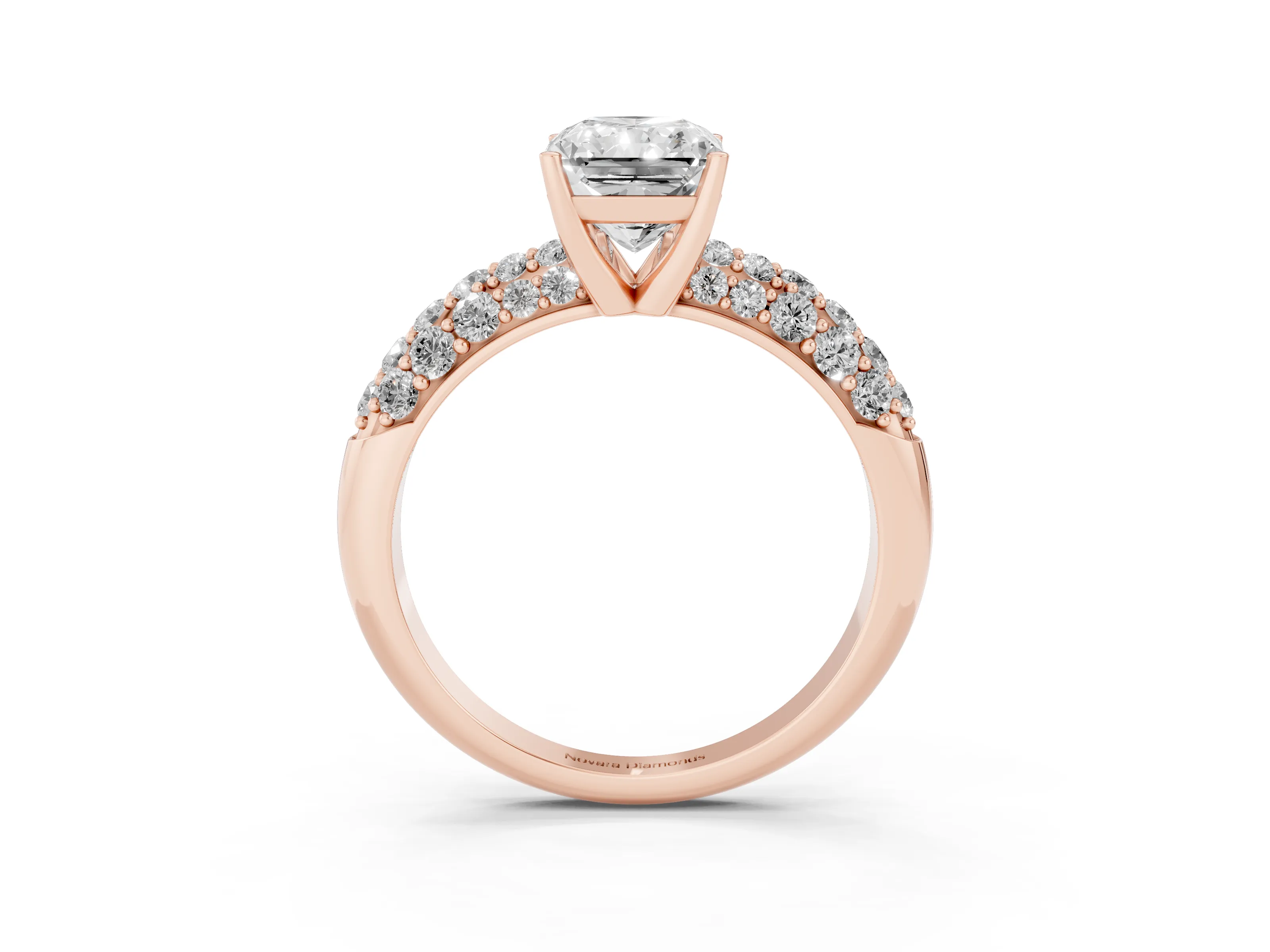 Radiant Cut Diamond Pavé Band Solitaire Ring Set in Rose gold with Close-Set Accent Stones and Prong Setting