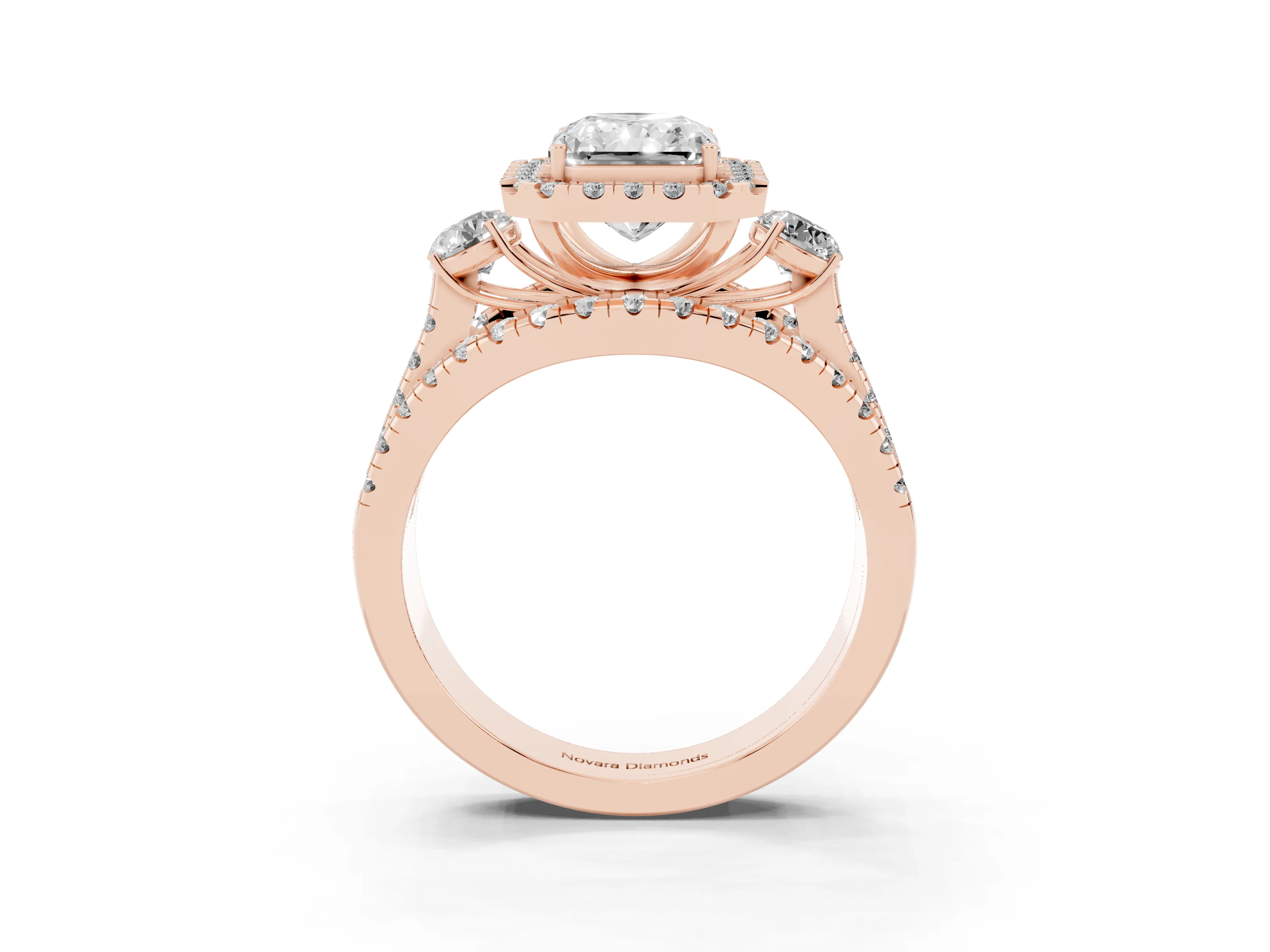 Radiant Cut Diamond Halo Split Shank Ring Set in Rose gold with Round Accent Stones and Prong Setting