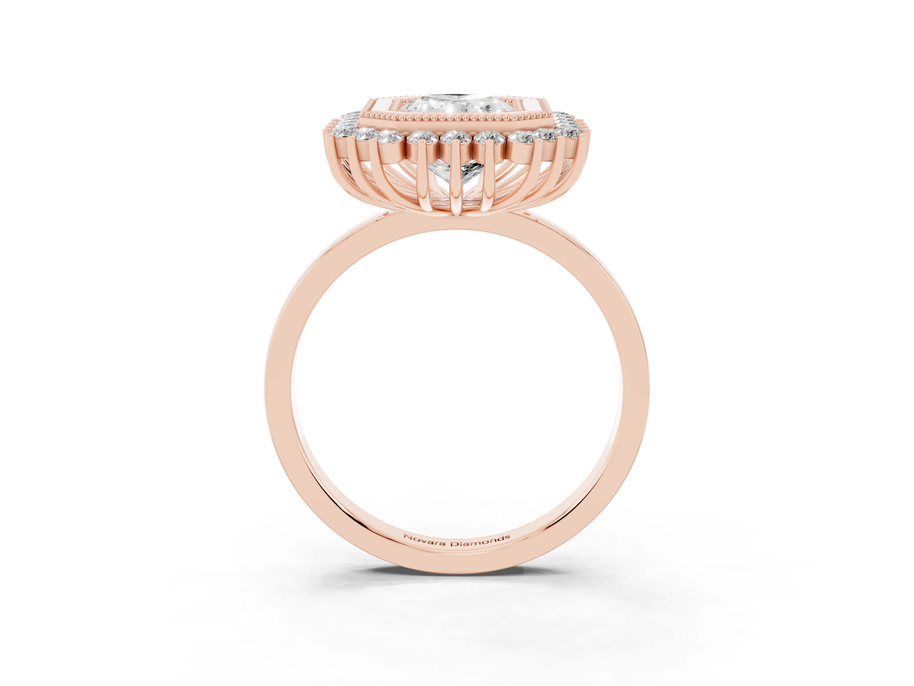 Radiant Cut Diamond Halo Ring Set in Rose gold with Milgrain Edge and Round Prong Setting