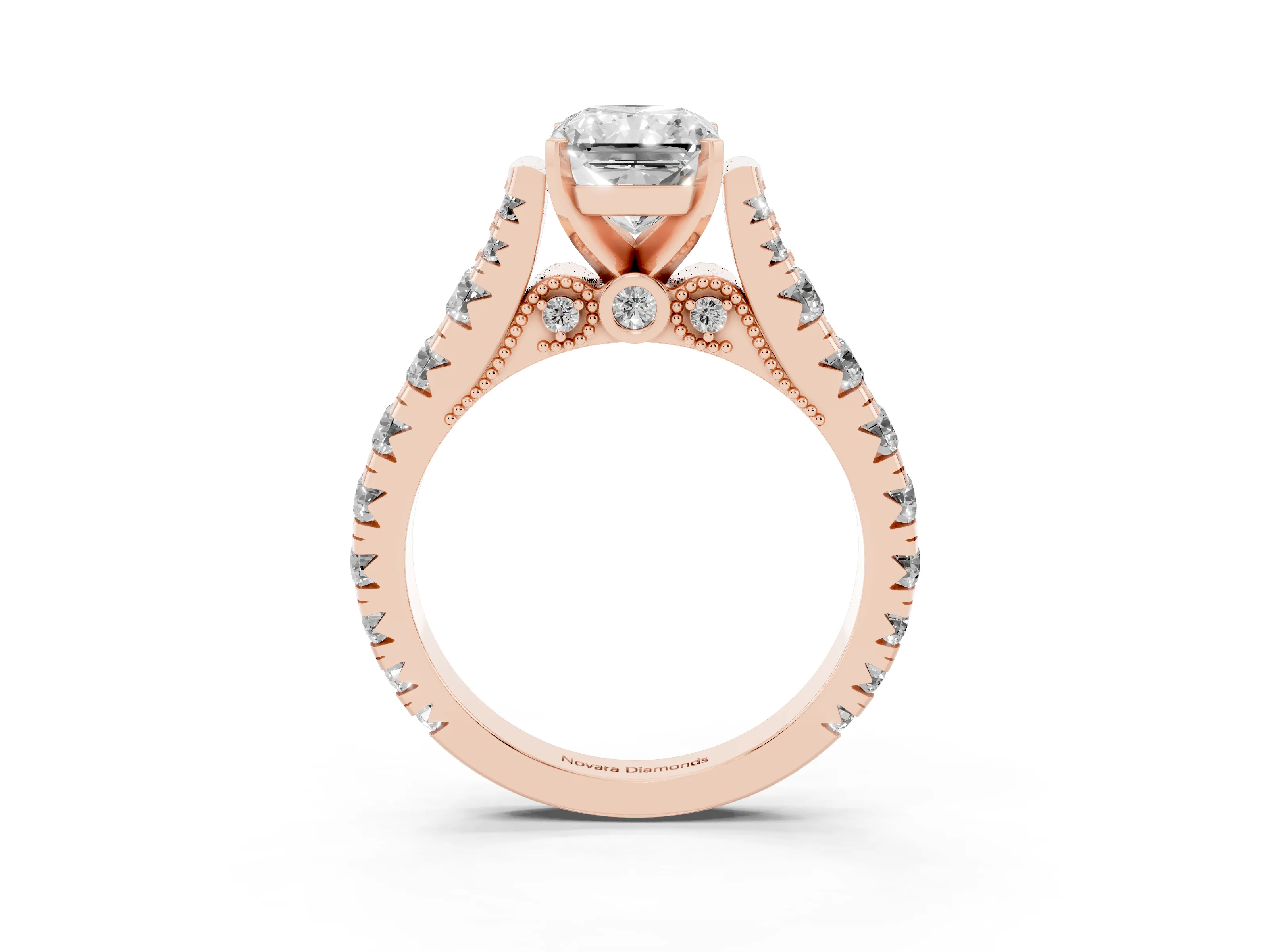 Radiant Cut Diamond Classic Solitaire Ring Set in Rose gold with Pavé Band and Prong Setting