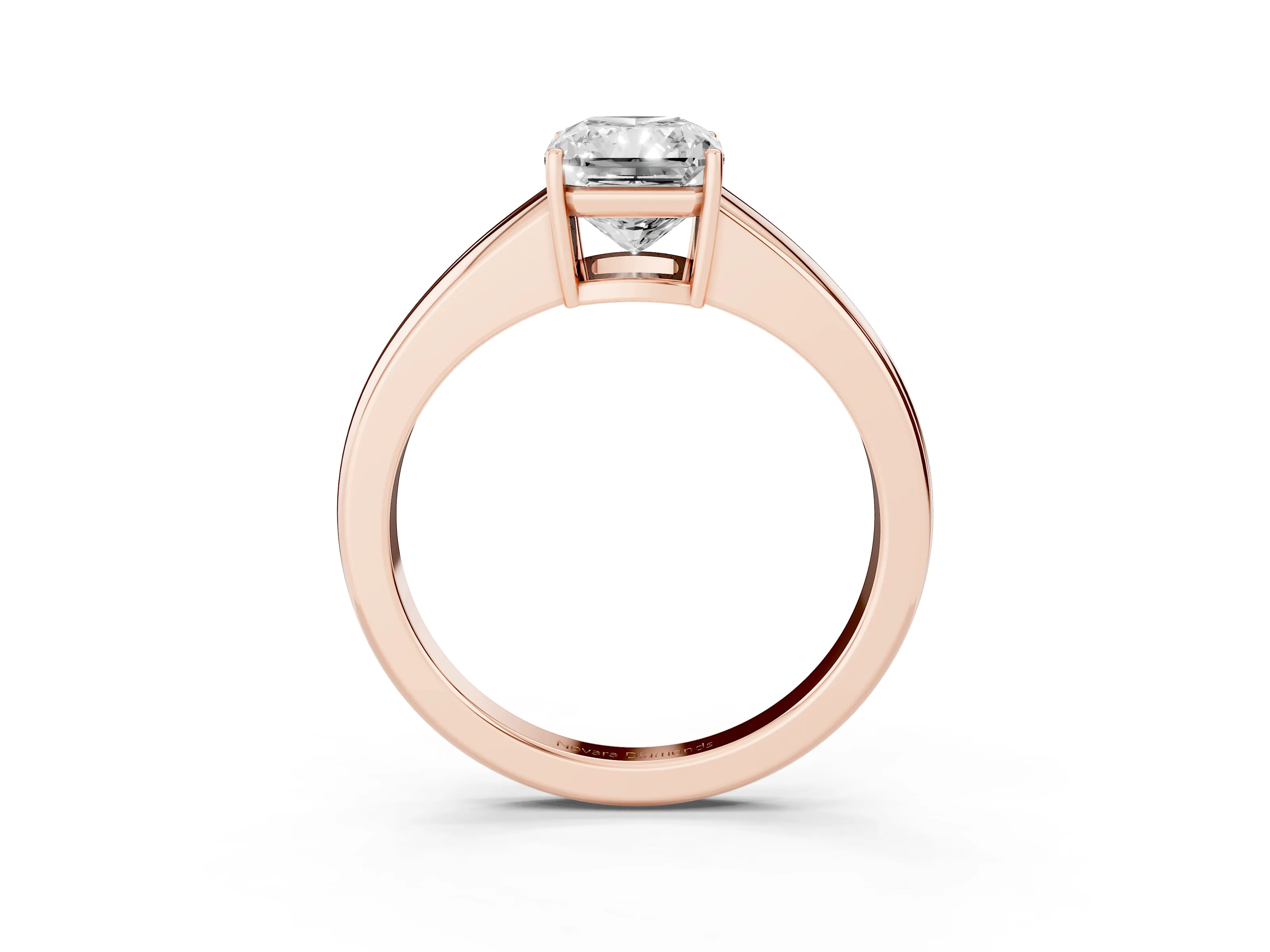 Radiant Cut Diamond Solitaire Ring Set in Rose gold with Tapered Band and Prong Setting
