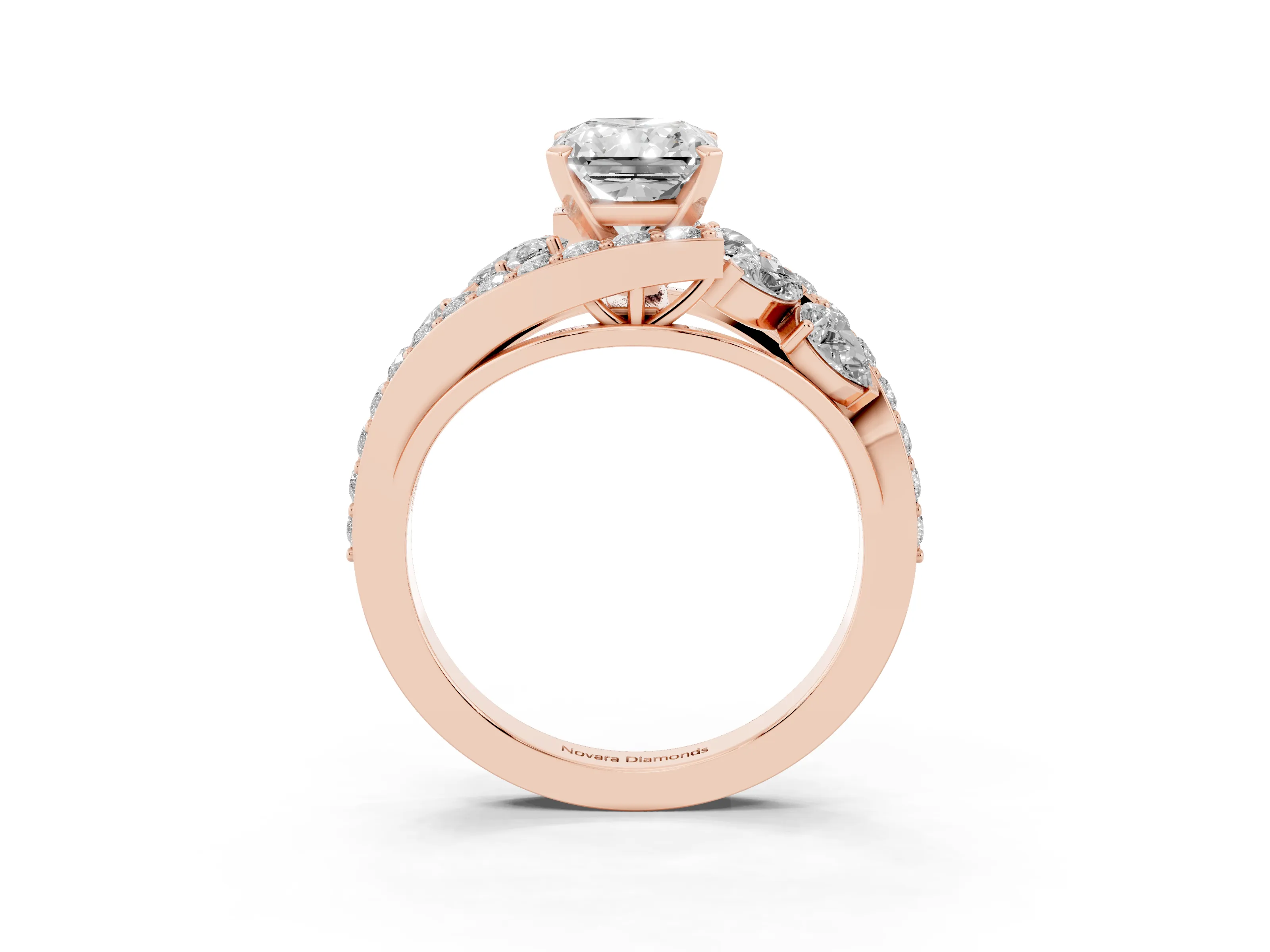 Radiant Cut Diamond Halo Ring Set in Rose gold with Marquise and Pavé Band in Prong Setting