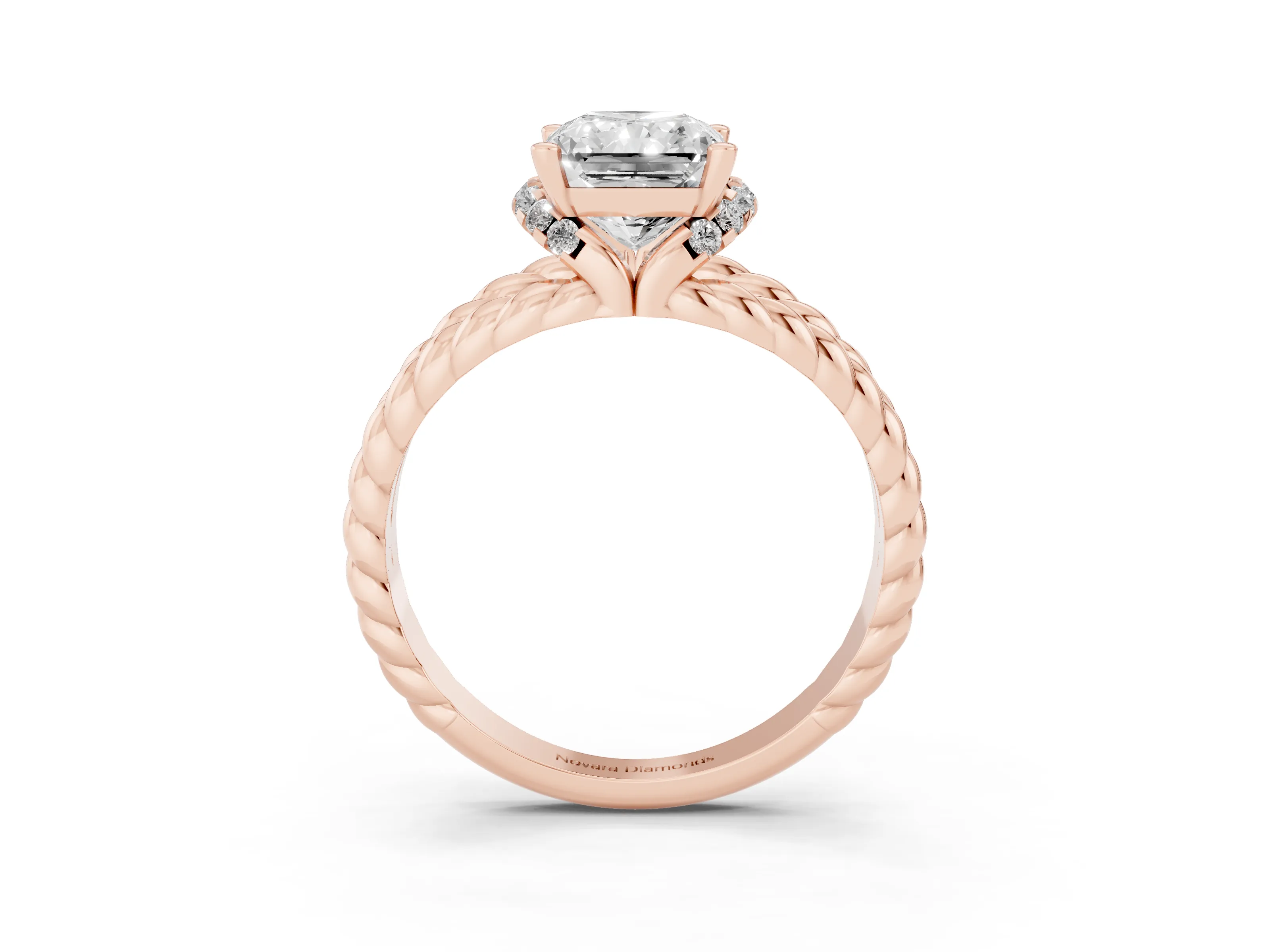 Radiant Cut Diamond Halo Ring Set in Rose gold with Twisted Band and Prong Setting