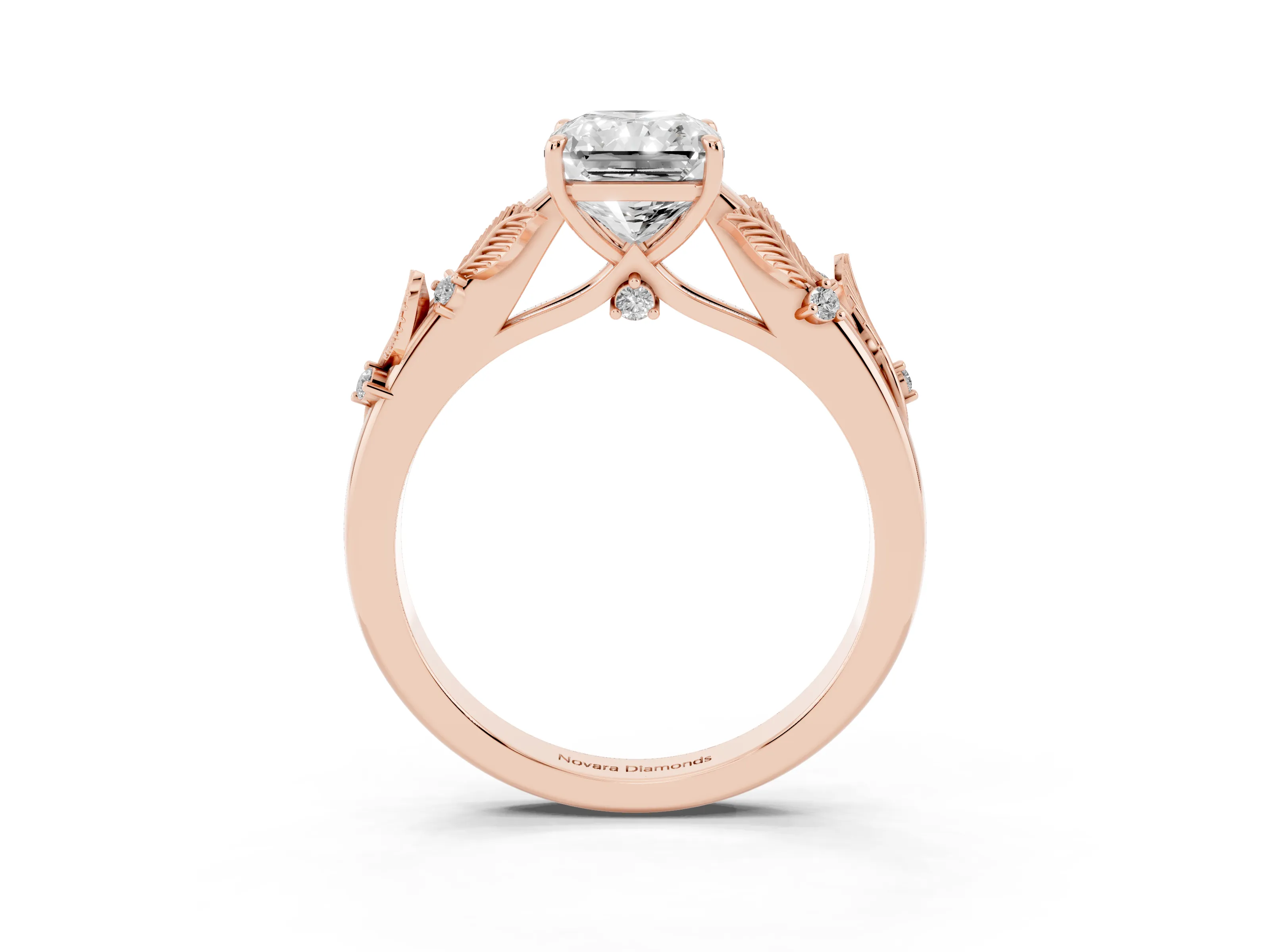 Radiant Cut Diamond Solitaire Ring Set in Rose gold with Leaf Motif Band