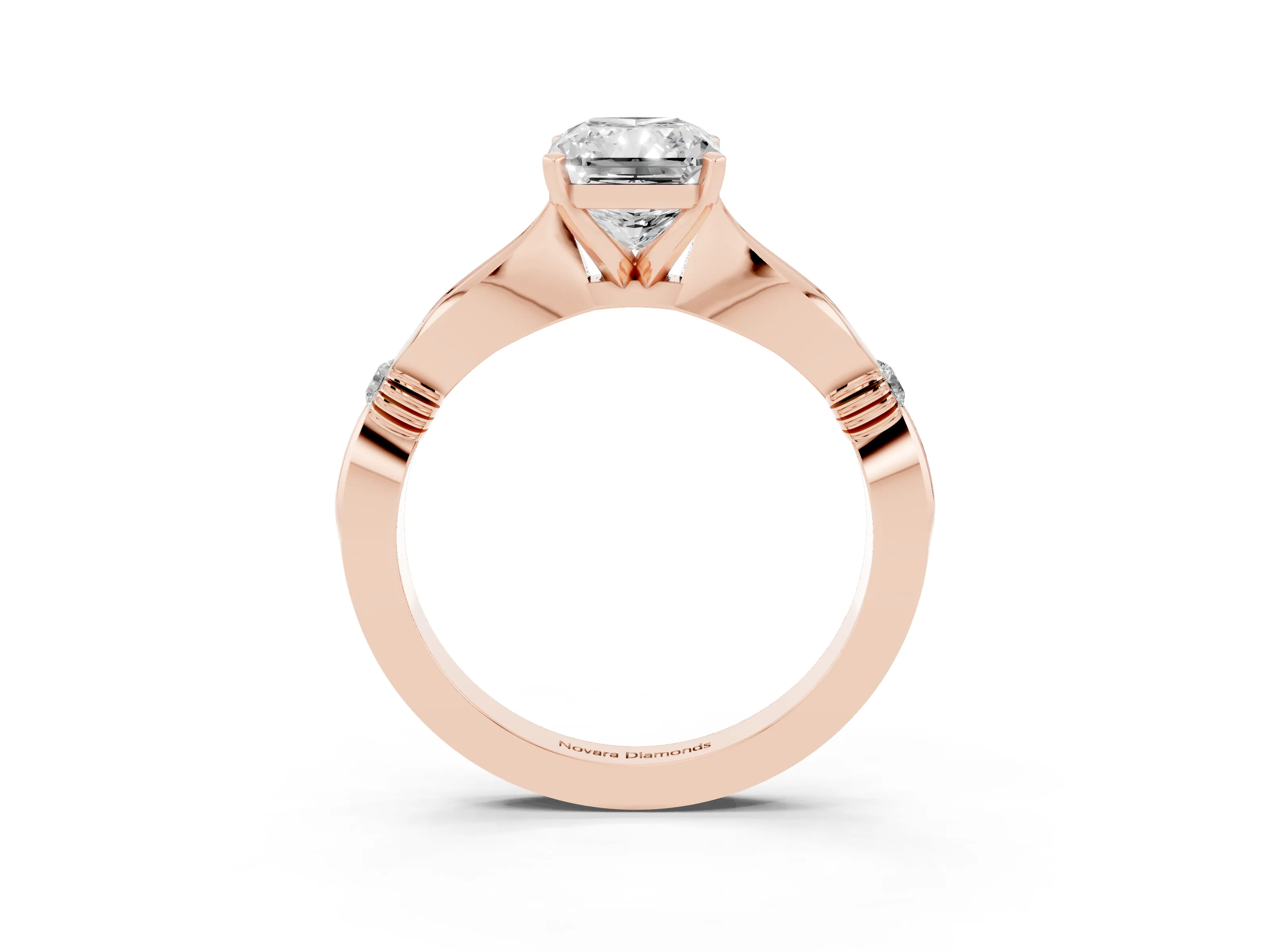 Radiant Cut Diamond Solitaire Twisted Band Ring Set in Rose gold with Accent Stones and Prong Setting