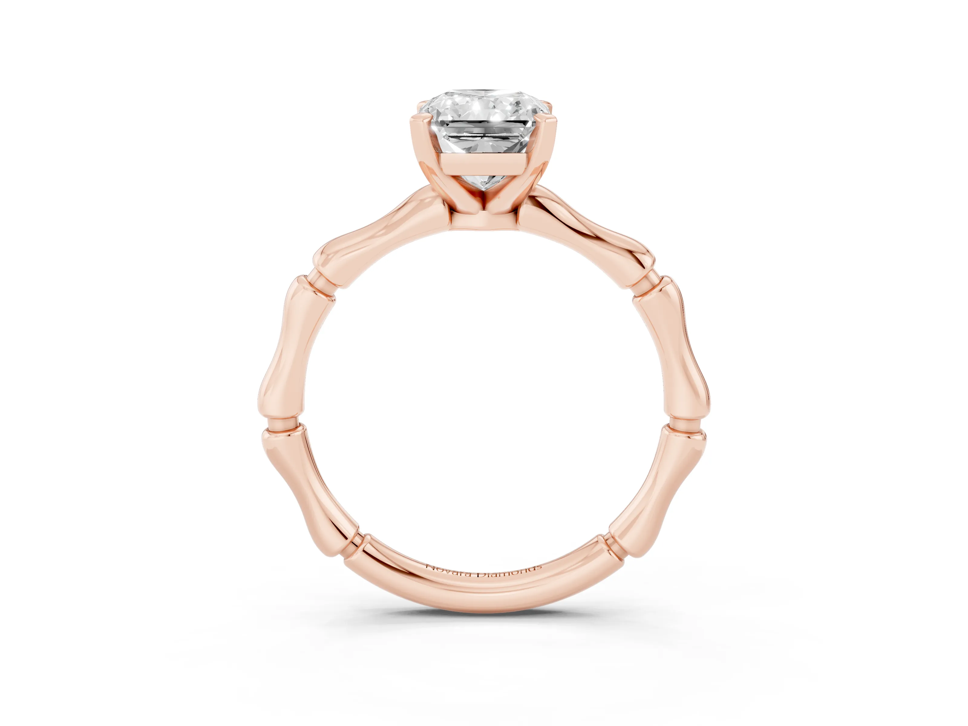 Radiant Cut Diamond Solitaire Ring Set in Rose gold with Bamboo Band and Prong Setting