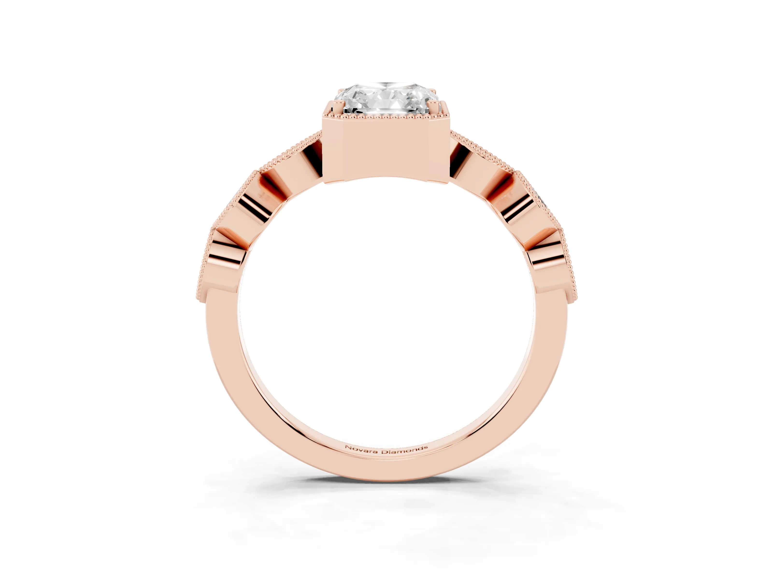 Radiant Cut Diamond Vintage-Inspired Milgrain Ring Set in Rose gold with Marquise Stations of Round Accents