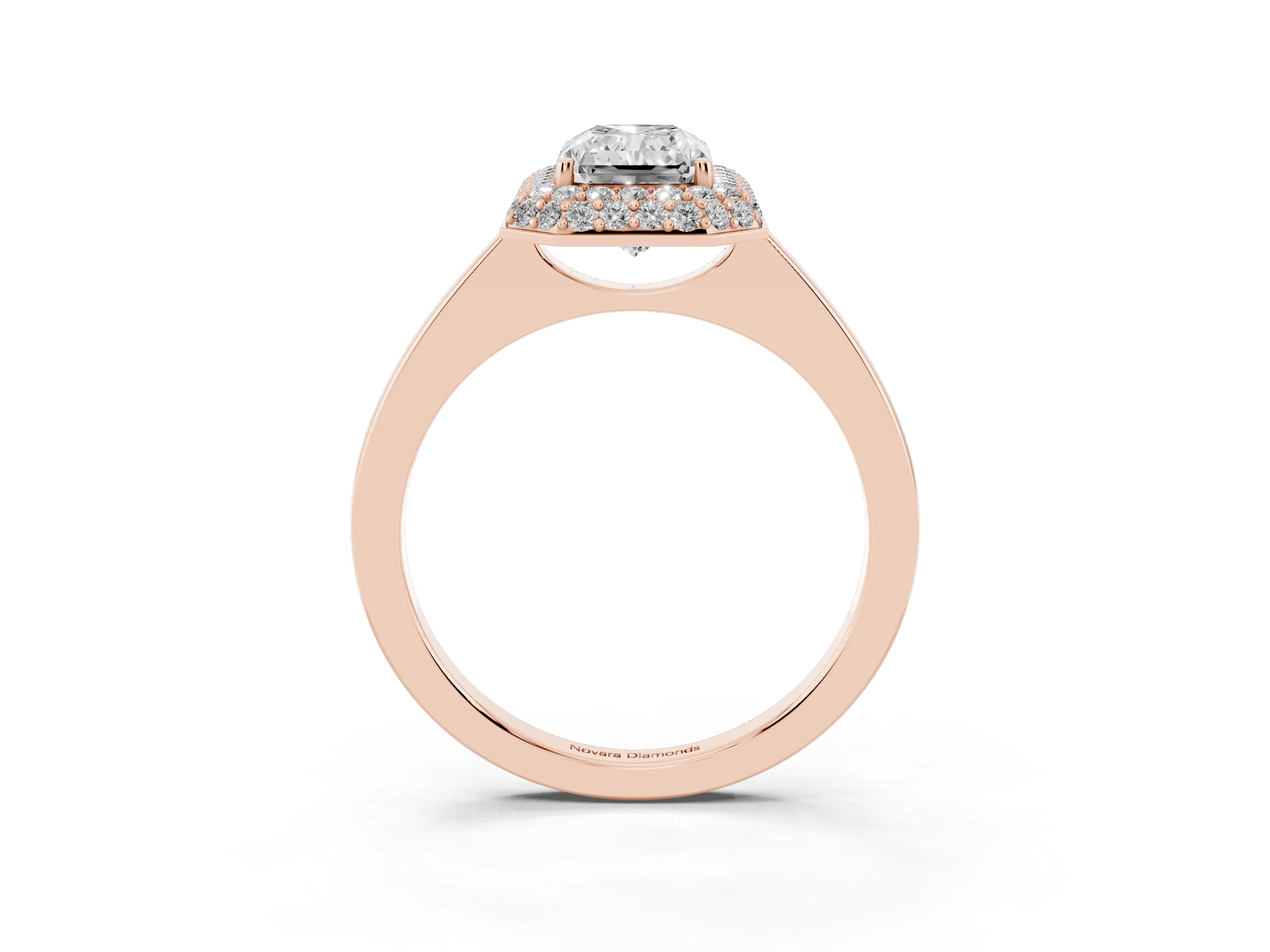 Radiant Cut Diamond Halo Engagement Ring Set in Rose gold with Solitaire Band and Prong Setting