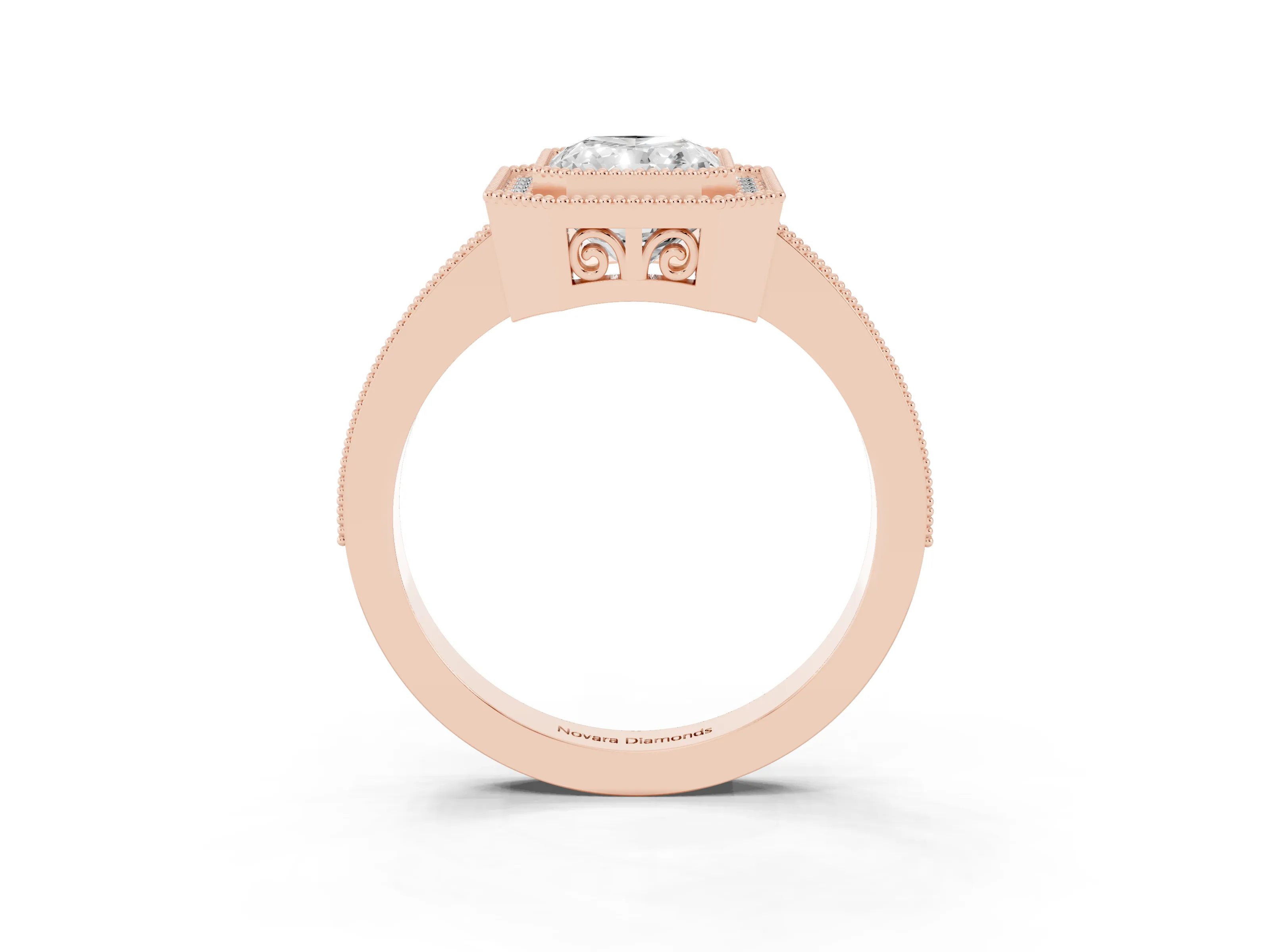 Radiant Cut Diamond Round Halo Ring Set in Rose gold with Pavé Band