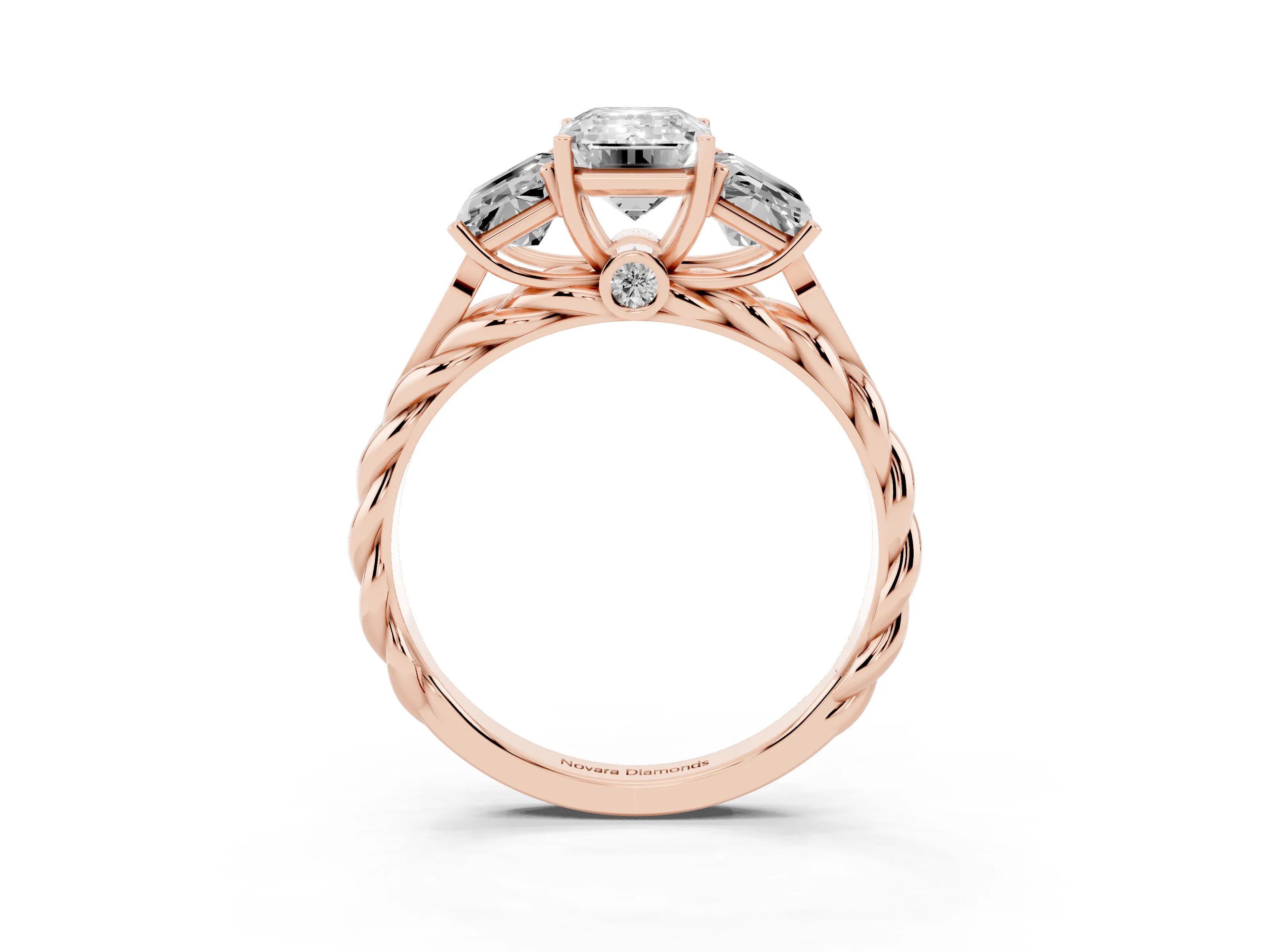 Radiant Cut Diamond Three-Stone Ring Set in Rose gold with Braided Band