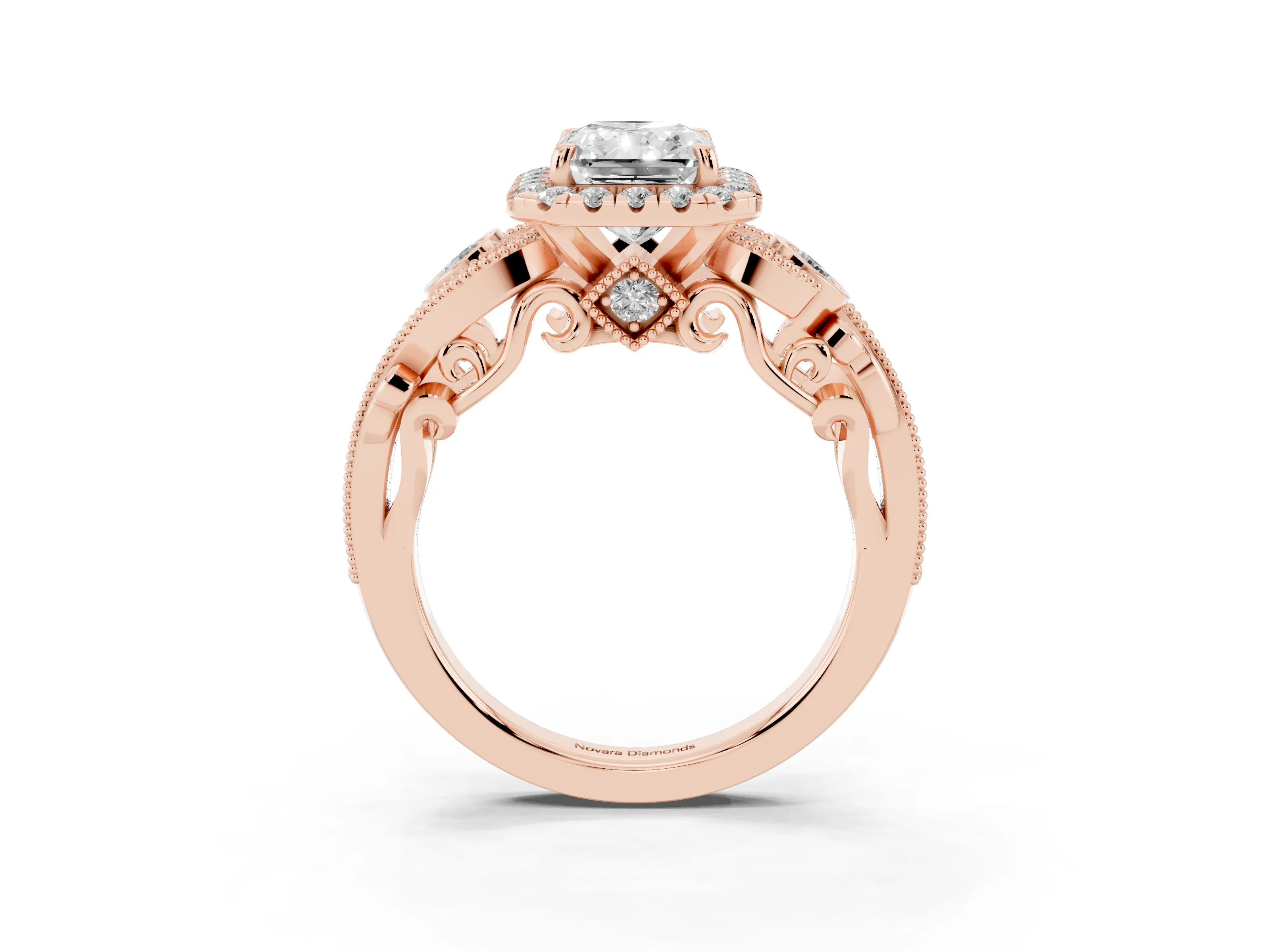 Radiant Cut Diamond Halo Ring Set in Rose gold with Milgrain Pavé Band and Prong Setting