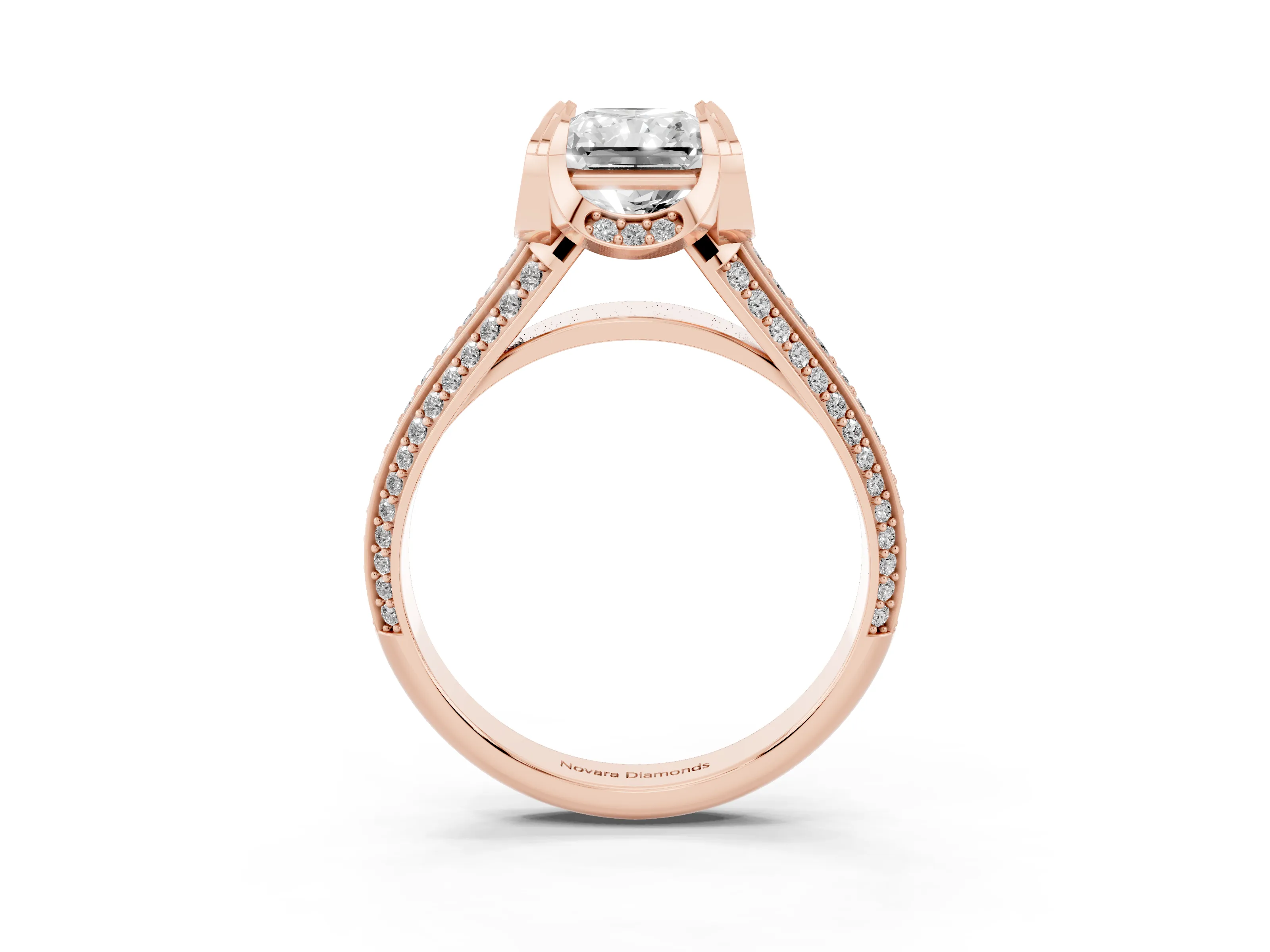 Radiant Cut Diamond Pavé Split Shank Solitaire Ring Set in Rose gold with Prong Setting