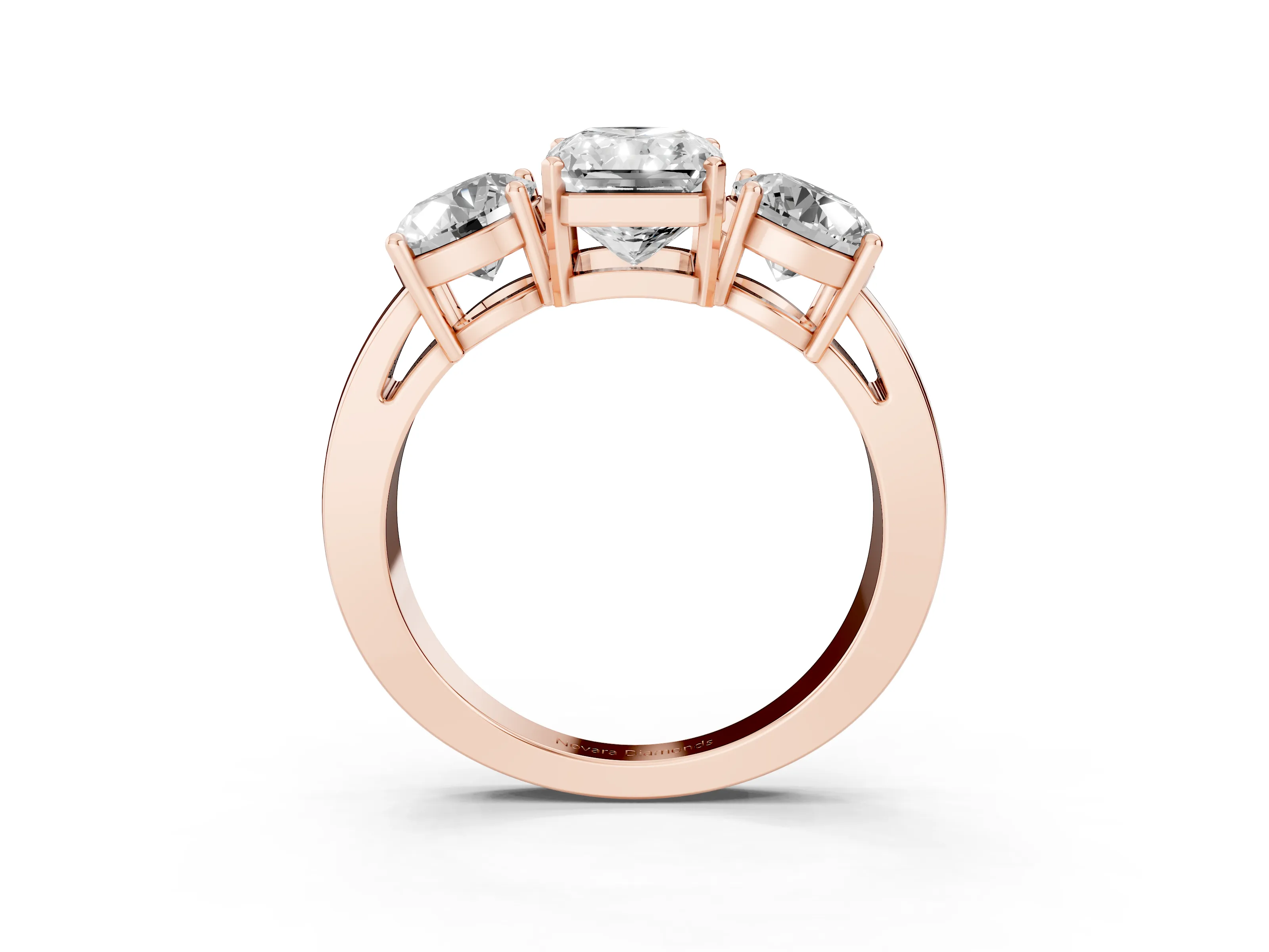 Radiant Cut Diamond Three-Stone Ring Set in Rose gold with Round Side Stones and Classic Band