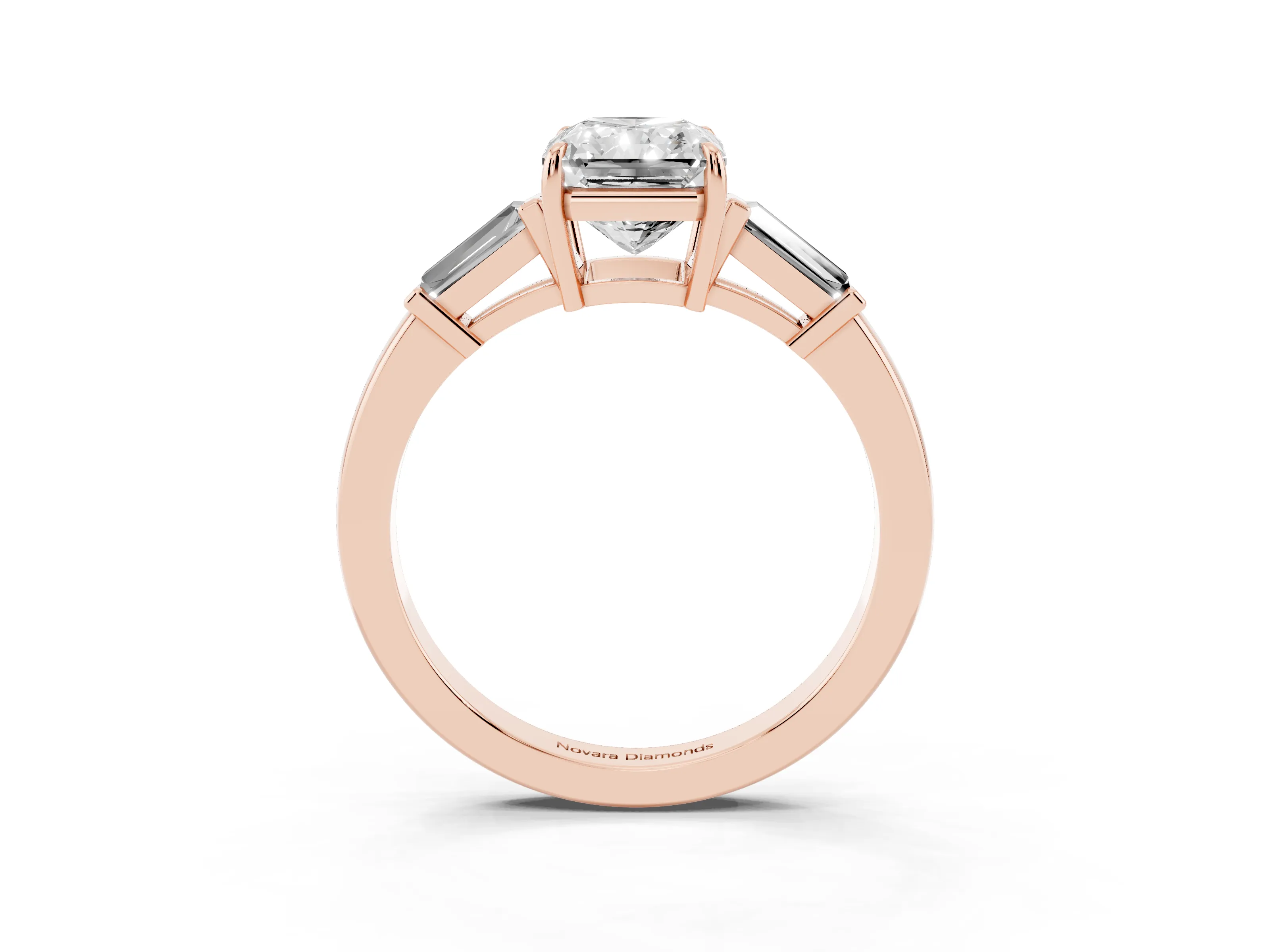 Radiant Cut Diamond Three-Stone Ring Set in Rose gold with Tapered Baguette Side Stones and Prong Setting